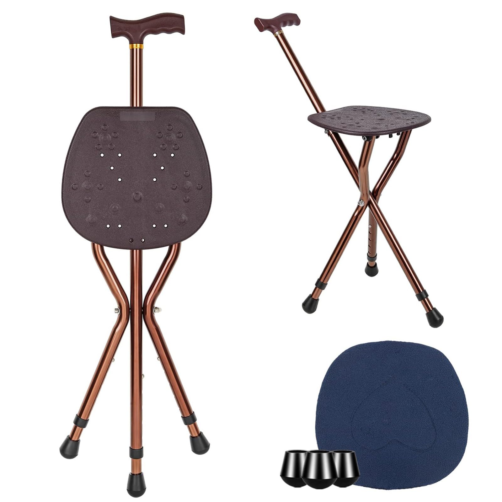 Bastón Silla Plegable Adulto Mayor Ideal Para Caminar Viajar Bastón Con Asiento Portátil, Regulable Asiento De Bastón De Aleación De Aluminio Antideslizante Capacidad De 120Kg Brown
