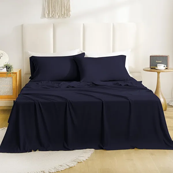 CozySmile Full Size Sheet Set - 4 Piece Silky Soft Breathable Bed Sheet & Pillowcase Set, 16" Deep Pocket Hotel Luxury Wrinkle Free Easy Care Bedding Sheets, Dark Blue