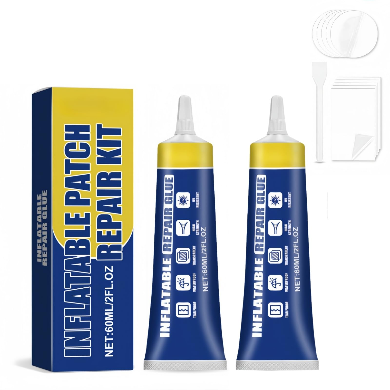 2PCS Puncture Repair Kit for Inflatables,Air Bed,Bouncy Castle,Swimming Pool,Tent,Waterproof Sealant with Silicone Glue & Repair Patches,Resistant Long-lasting,Includes Patches,Scraper
