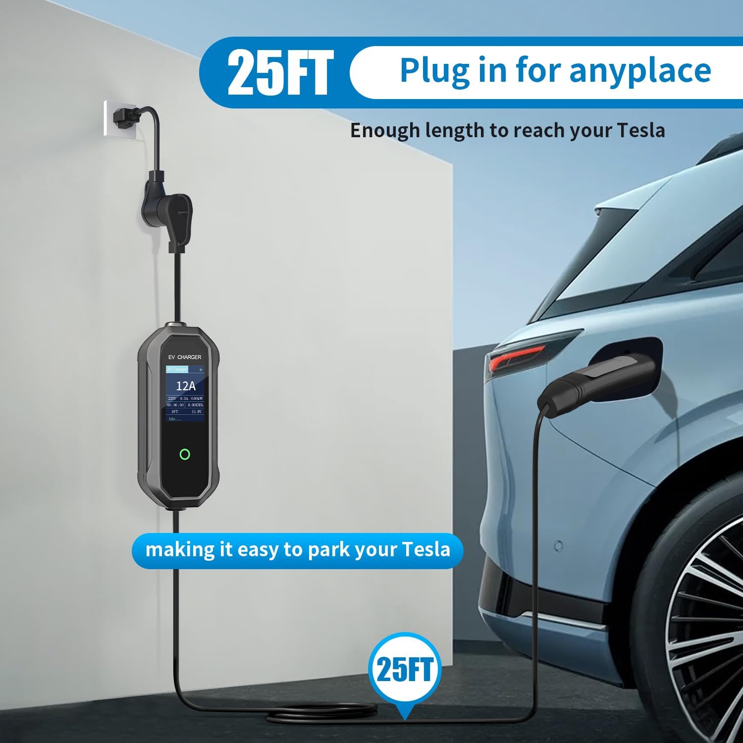 32A Portable Charger for Tesla Model Y/3/S/X with 28ft Cable, with 240V NEMA 14-50P & 6-20 Plug, 240V NEMA 14-50 Adapter, NACS Connector,Level 1/2 EV Charger fits Tesla