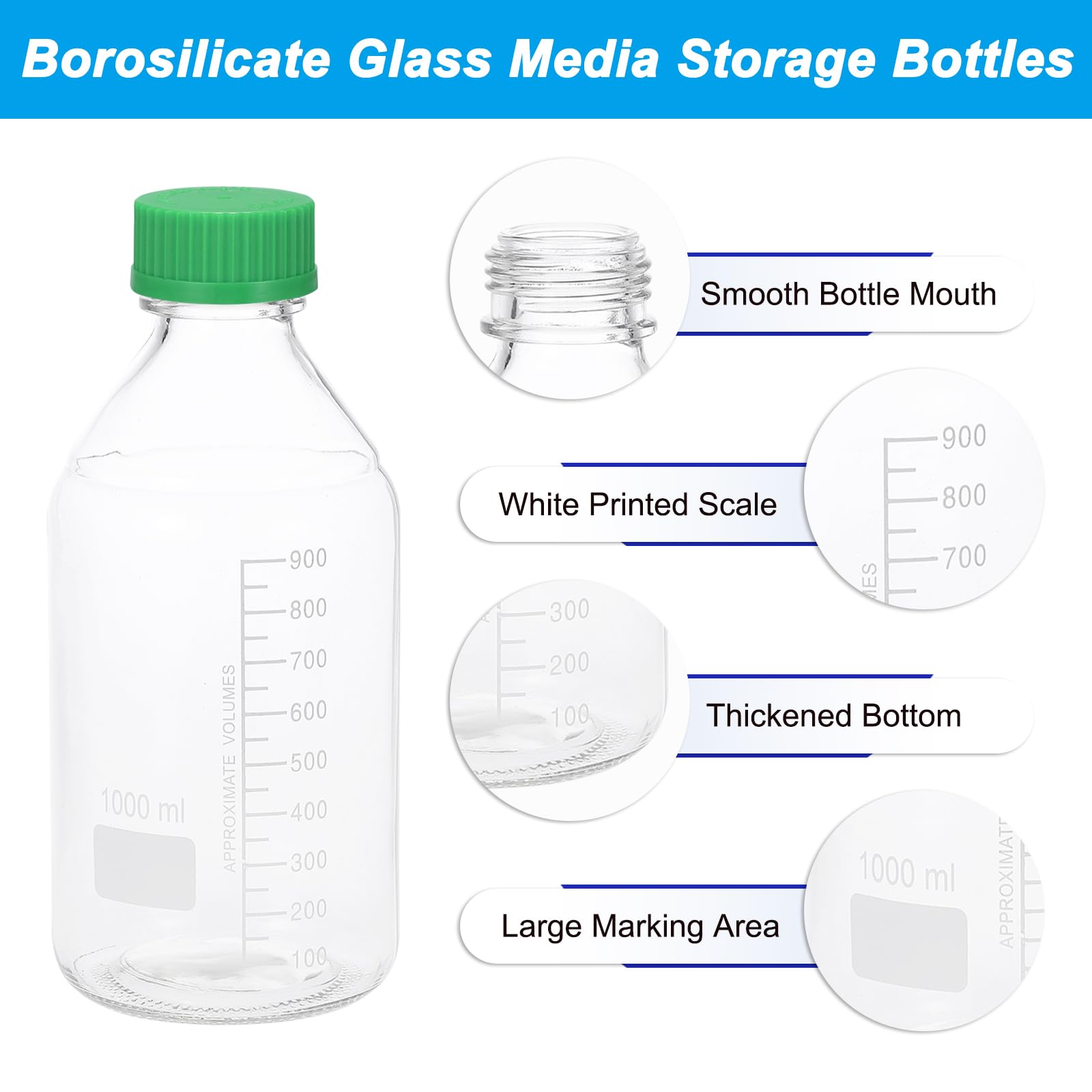 PATIKIL Reagenz-Medien-Aufbewahrungsflaschen, 1000 ml, Borosilikatglas, runde Flaschen mit grünem GL32-Schraubverschluss für Laborwasserflüssigkeiten, transparent, 2 Stück