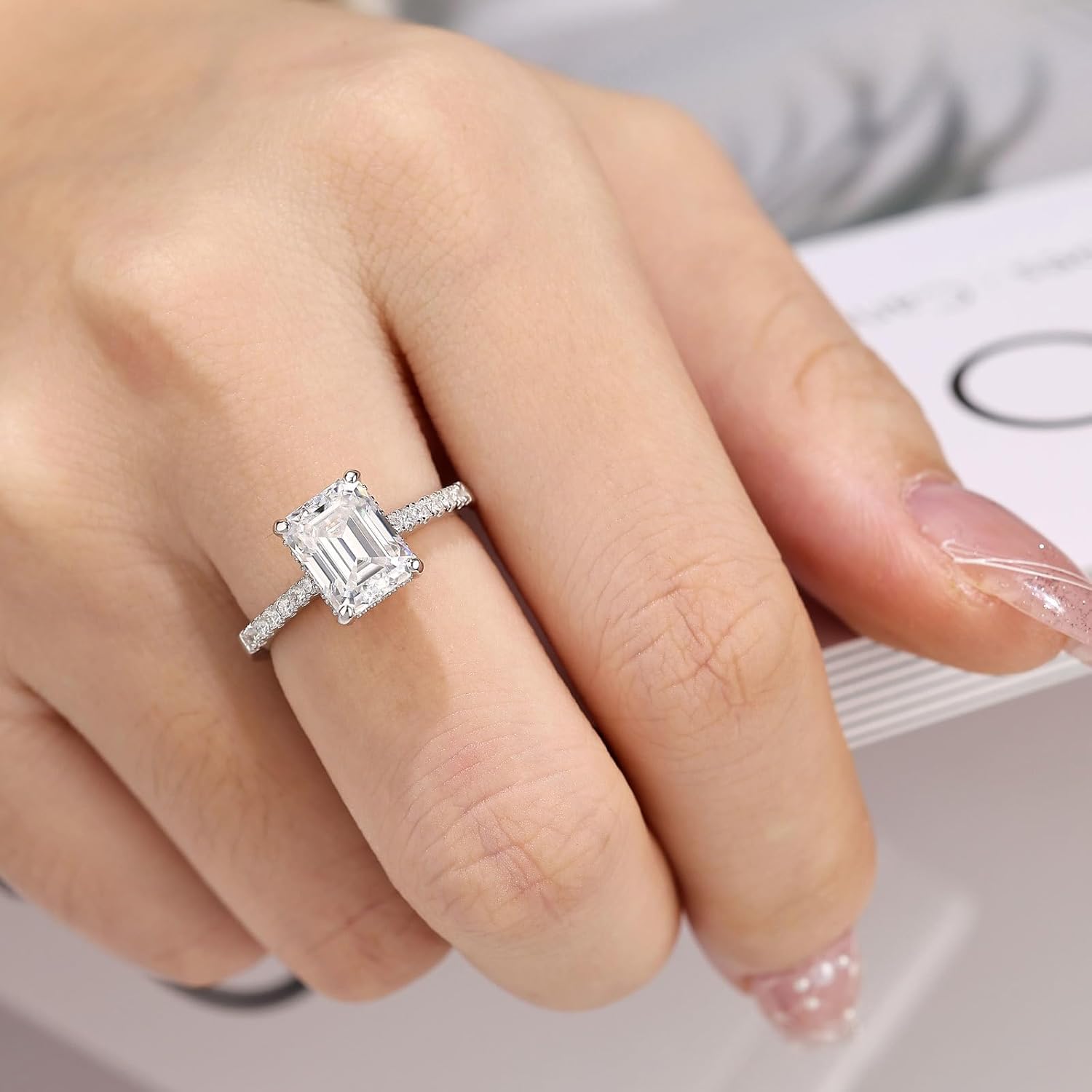 Emerald Cut Moissanite Engagement Rings for Women Solitaire Wedding Ring 925 Sterling Silver Sz 5-10 - Image 3