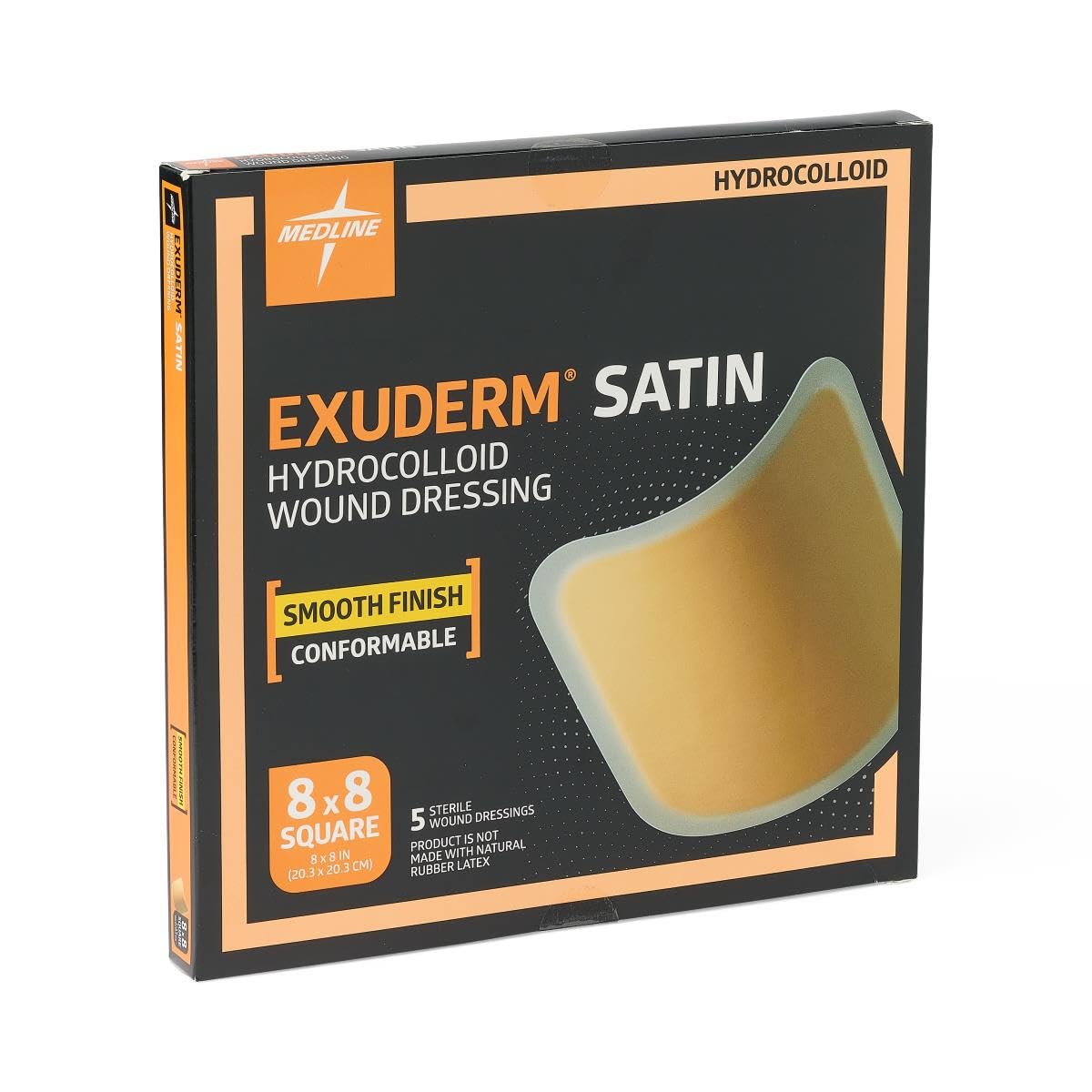 Medline Exuderm Satin Hydrocolloid Wound Dressings, 8 Inches x 8 Inches Sacral, Tapered Edge, Smooth Satin Backing, Box of 5 Each