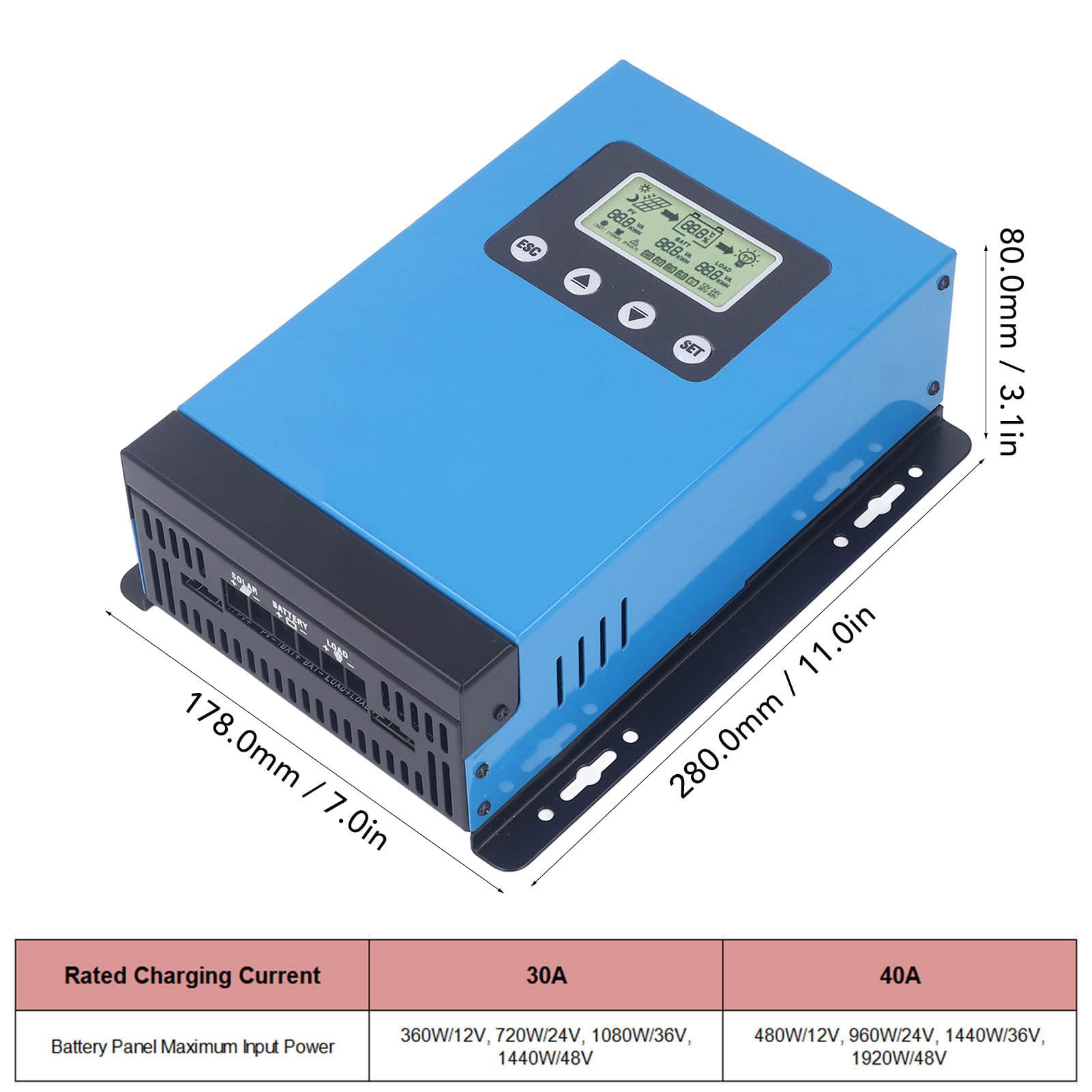 Jiawu Kontroler Słoneczny 30A MPPT, Wysokowydajny Regulator ładowania Słonecznego 12 V 24 V 36 48 z Wyświetlaczem LCD, Wiele zabezpieczeń dla Kampera, łodzi, Domowego Układu Słonecznego (30A)