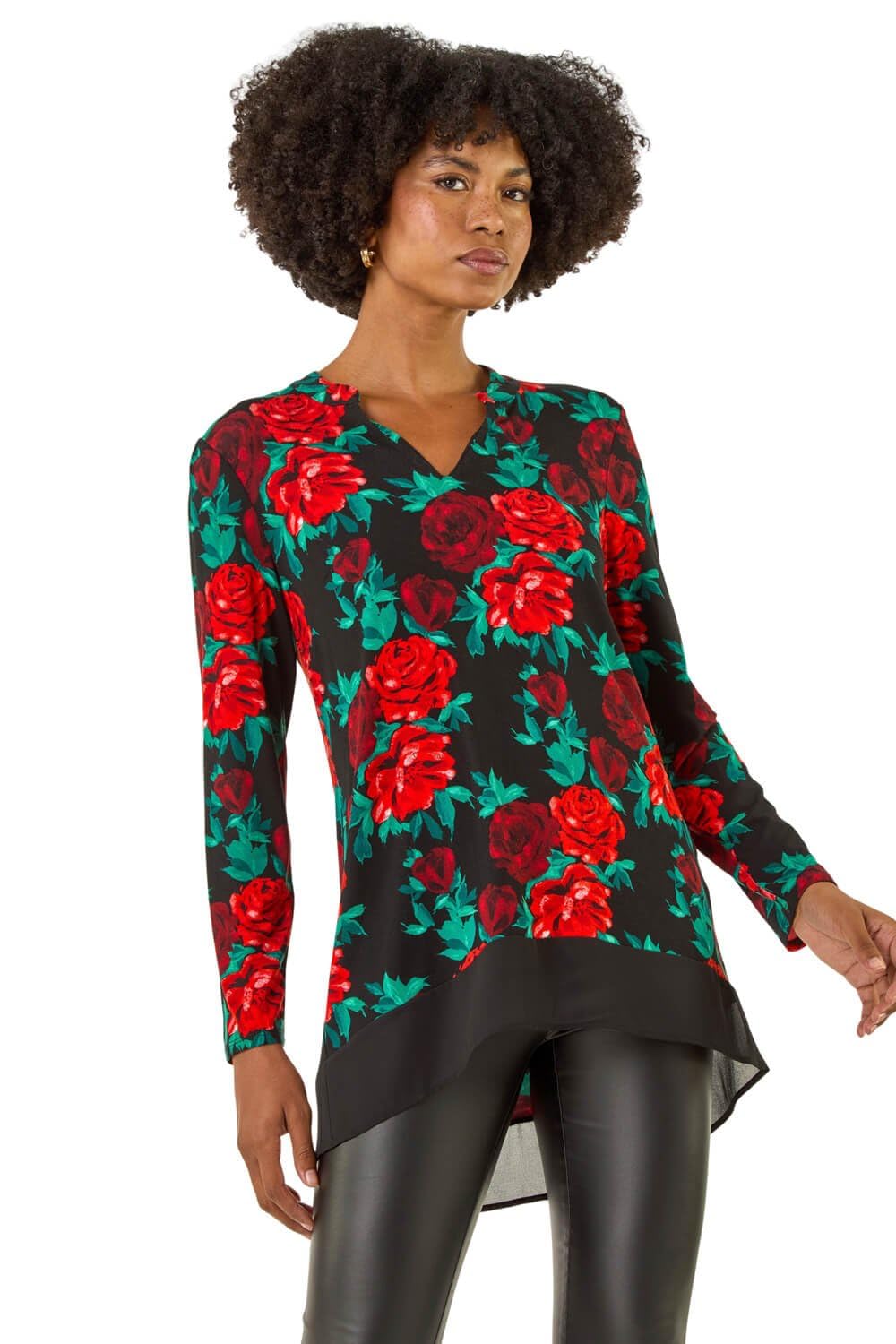 Roman Originals Women's Red Noir Floral Print V-Neck Tunic Top For Uk - Everyday Autumn Winter V-Neckline Comfy Soft Evening Vacation Work Party Night Out - Size 14