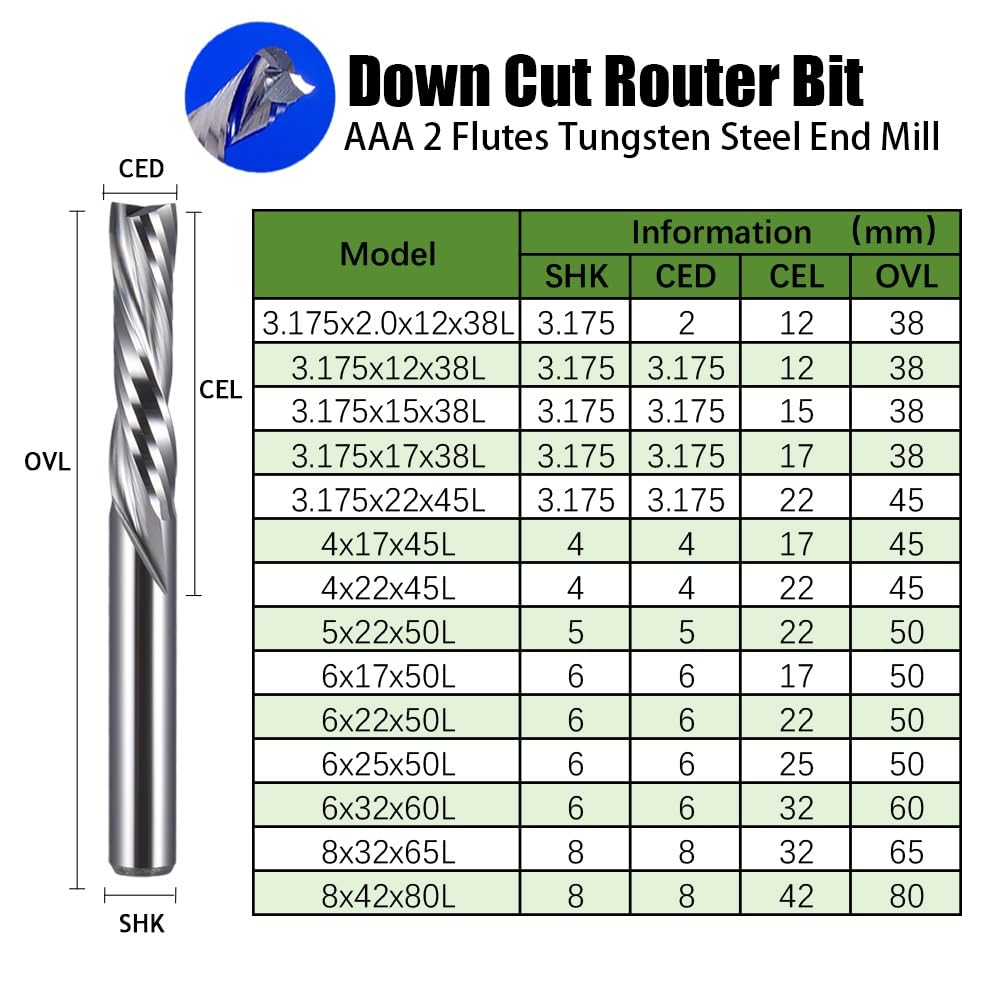 5 sztuk 3.175 4 6mm 2 rowek w dół Cut frez pełnowęglikowy spiralny Bit leworęczny trzpieniowy drewno MDF(8.0x42x80L)
