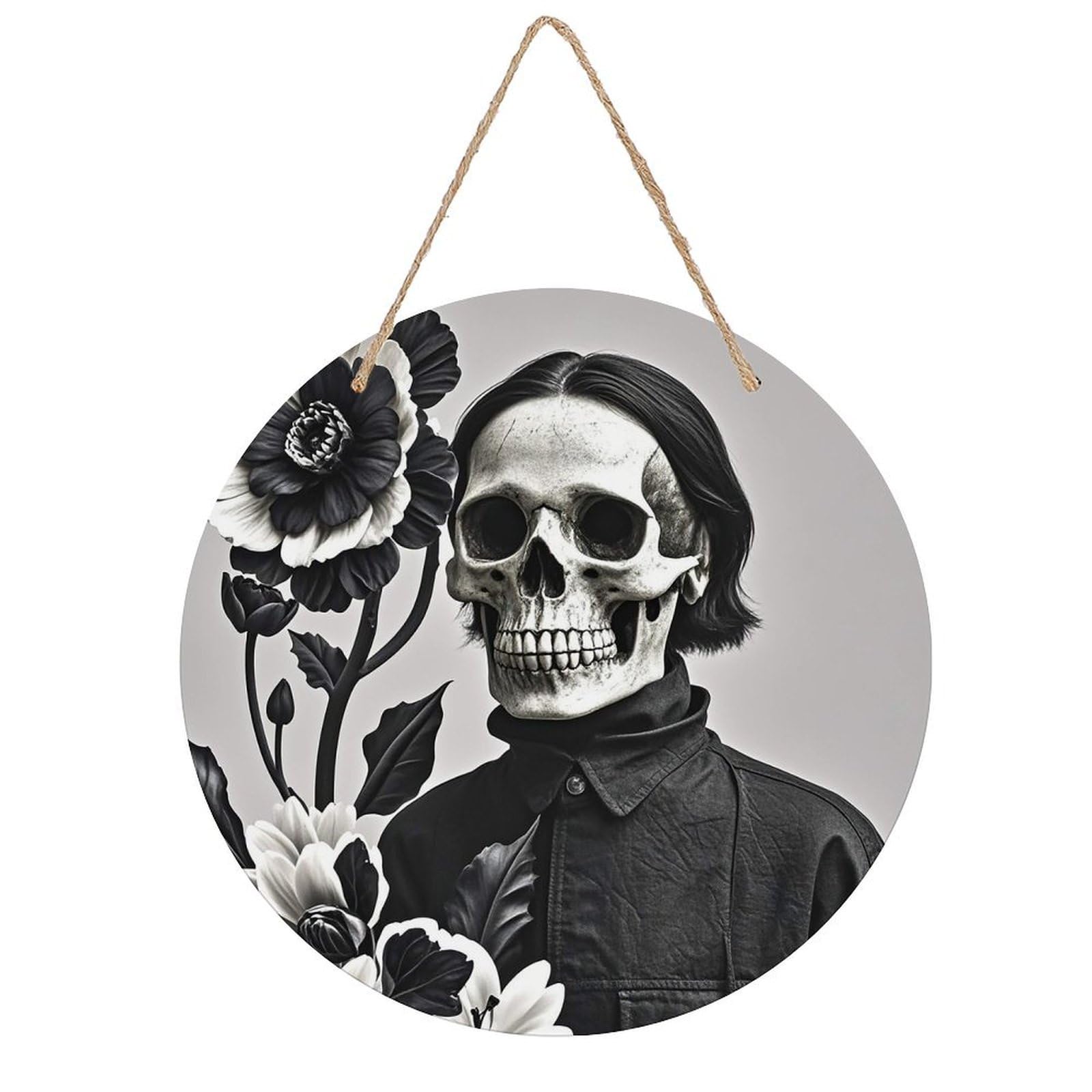 LZQPOEAS Black And White Flowers And Skull Wall Art Decor Round Wood Hanging Sign Rustic Vintage Wooden Door Hanger with Ropes Decorative Plaque Welcome Sign for Home Indoor Outdoor, 7.9x7.9 in