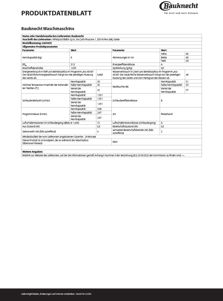 Bauknecht B WM 8A6 BC S – 8-kg-Waschmaschine mit Steam-Technologie, Adaptive Wash & HomeWhiz, Energieklasse A