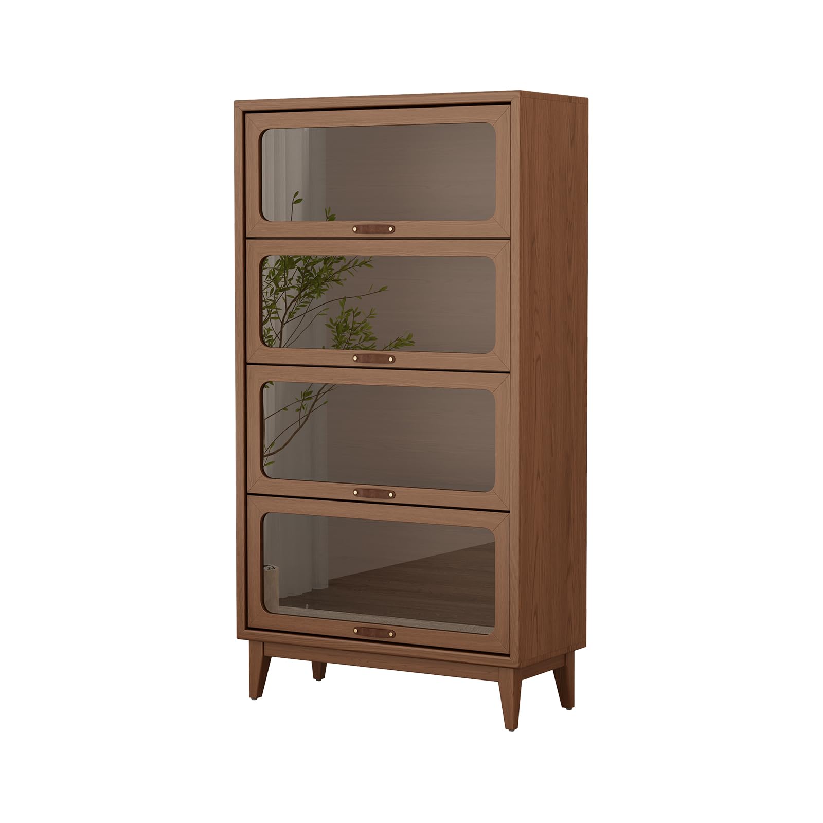 AnywaysWood Walnut Solid Wood Bookcase with Tempered Glass Doors