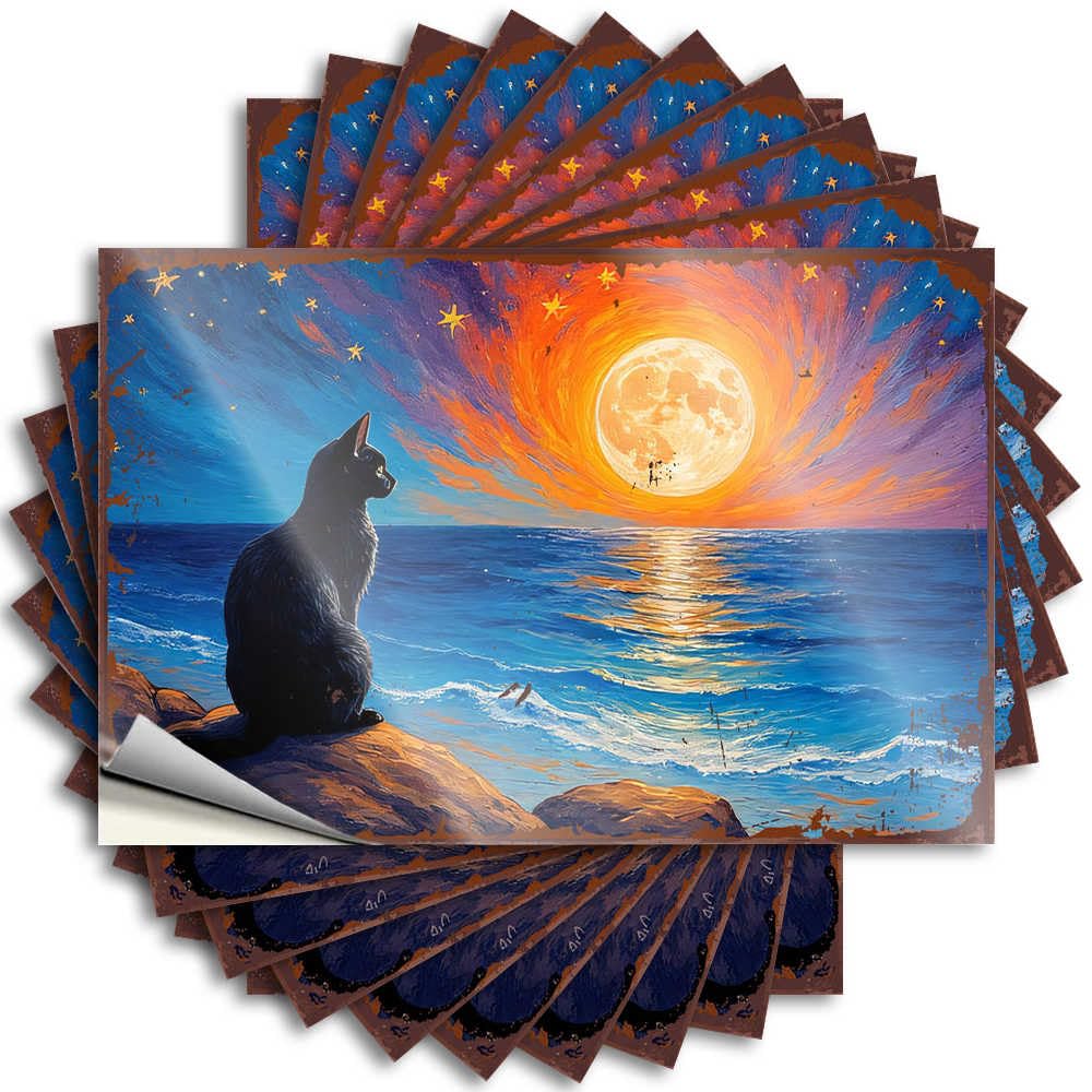 Fzfn Colour Tattoos At Home Decor Vinyl Sticker | Black Cat Gazing At The Moonlit Sea Accent For Beer Use(12X18cm)
