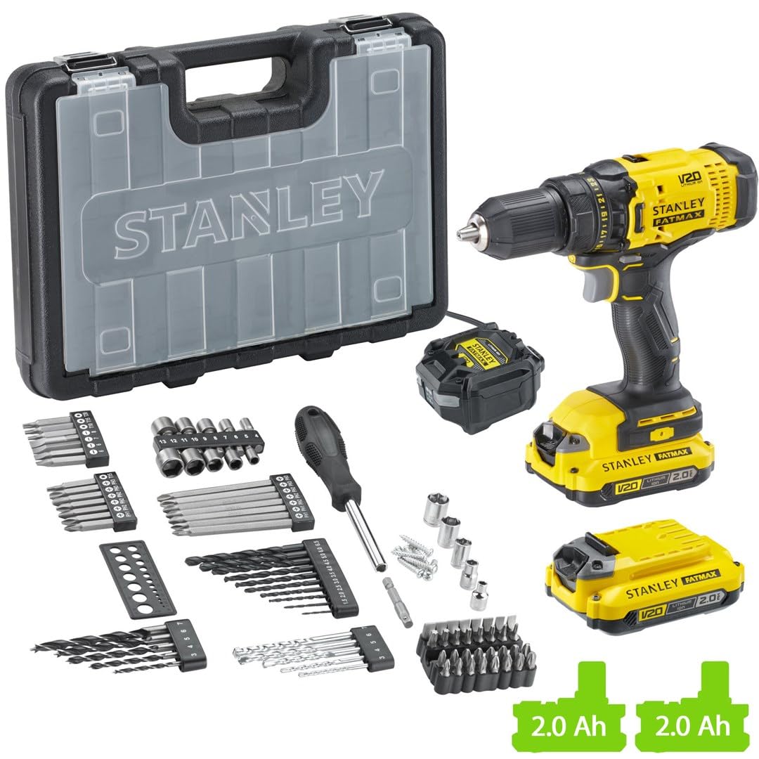 Stanley FatMax V20 Trapano Avvitatore 18V con 2 Batterie Litio 2Ah Con 100 Accessori SFMCD700D2A-QW