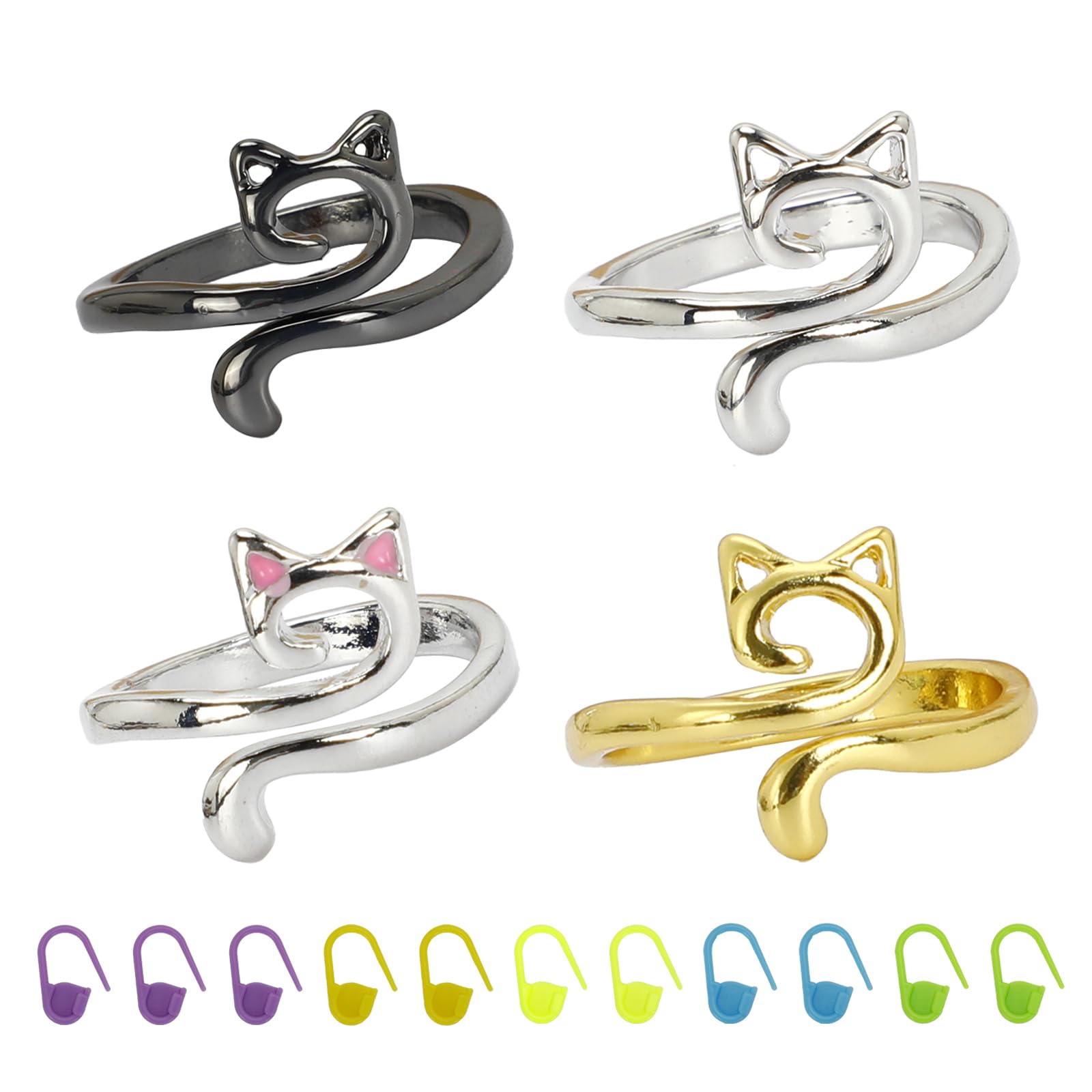 4 Pieces Knitting Crochet Rings, Adjustable Crochet Rings Cat Shaped Crochet Ring Accessories Crochet for DIY Crafts