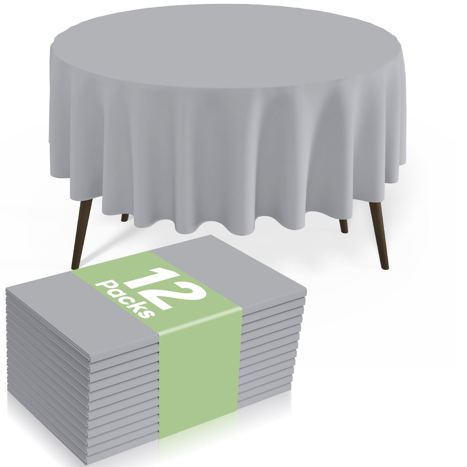 misaya 12 Packs Disposable Plastic Table Cloth, 84" Round Waterproof Tablecloth, Leakproof &amp; Sturdy Decorative Table Covers for Picnic, Party, Outdoor and Back to School, Grey
