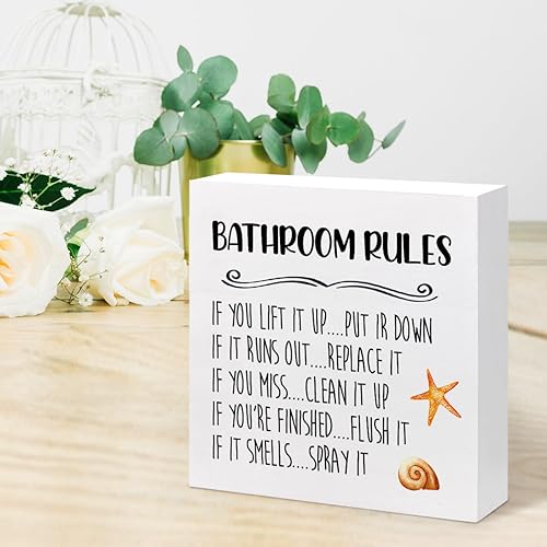 Miniatura 6 de Letrero divertido de madera con reglas de baño, placa de bloque de madera para el hogar, baño, estante de pared, decoración de inodoro