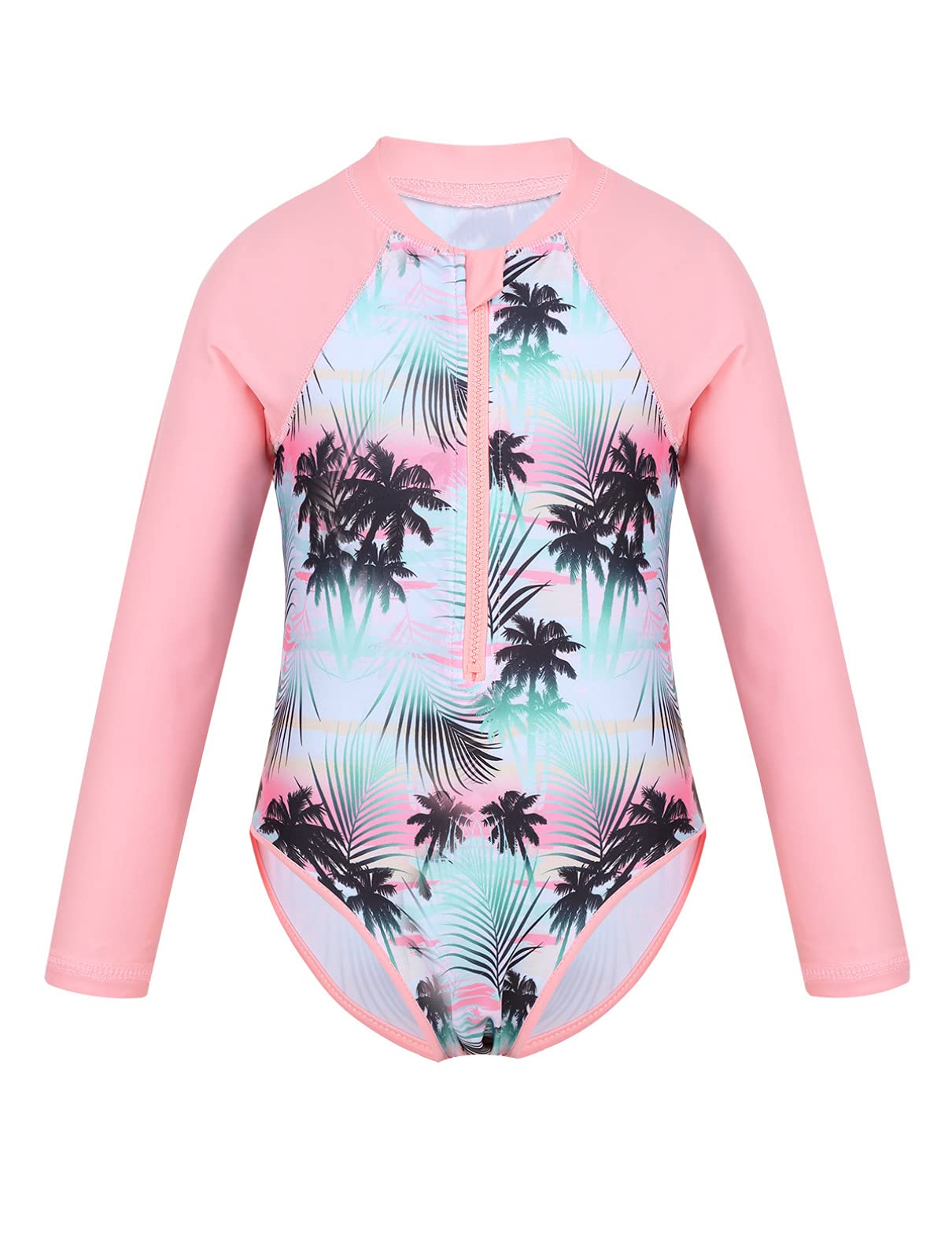 TiaoBugBañador Manga Larga de Protección Solar para Niñas con Estampado Flores Hawaiano Bikini Bañador Deportivo con Cremallera Ropa de Natación Piscina Playa