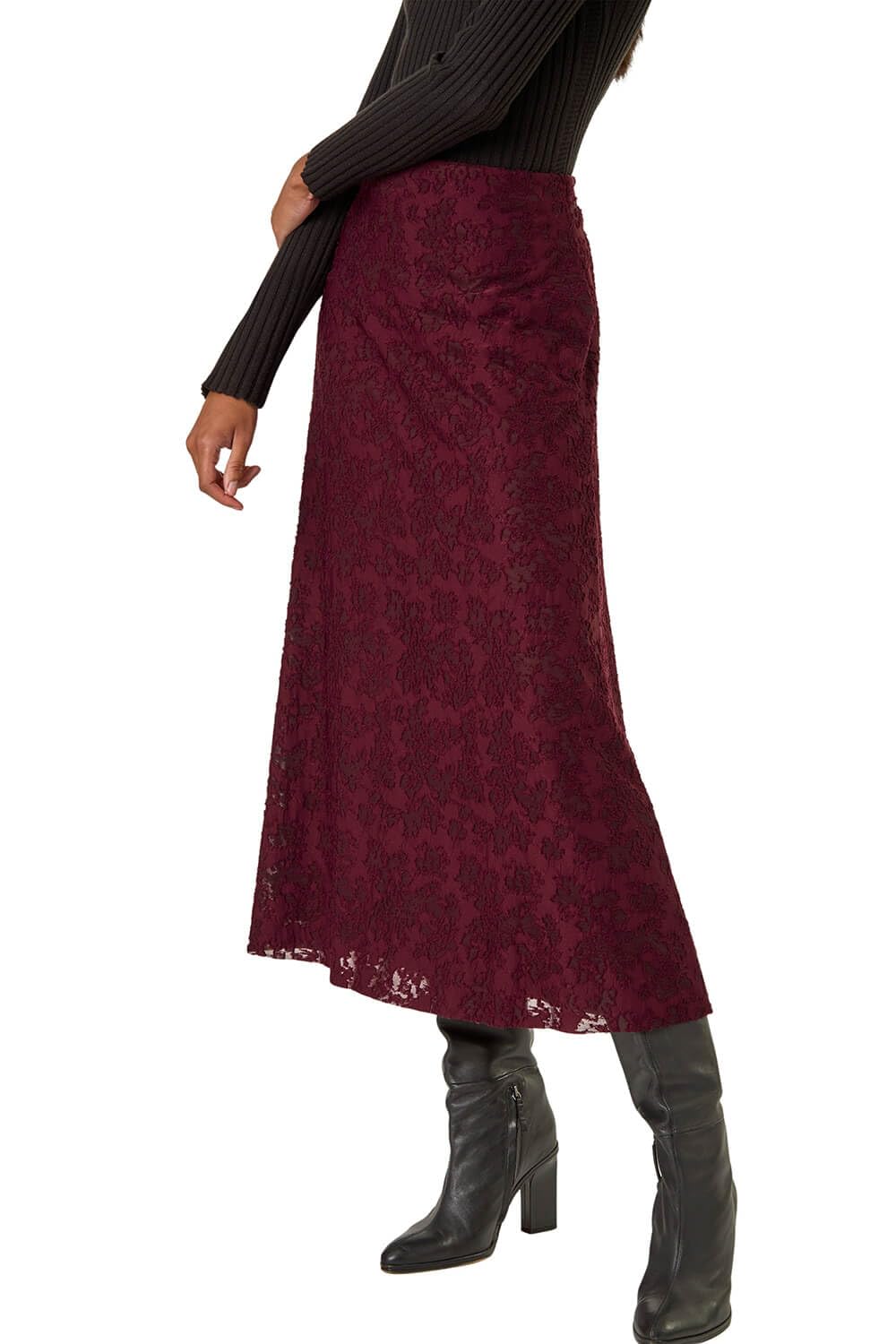 Roman Women's Burgundy Floral Textured A-Line Skirt