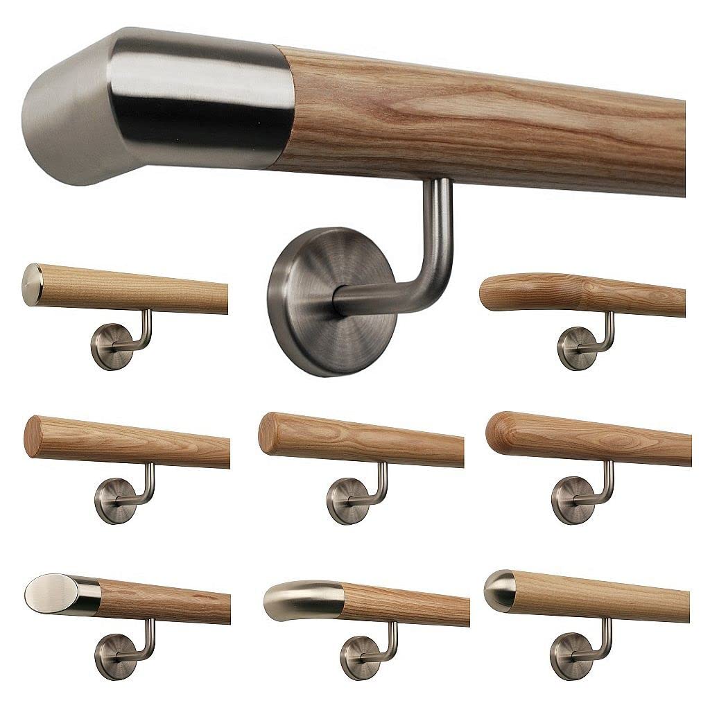 TIBU Barandilla de madera de fresno 0,3 m – 6 m, longitud 190 cm, extremo de acero inoxidable esquina y soporte de 3 ángulos