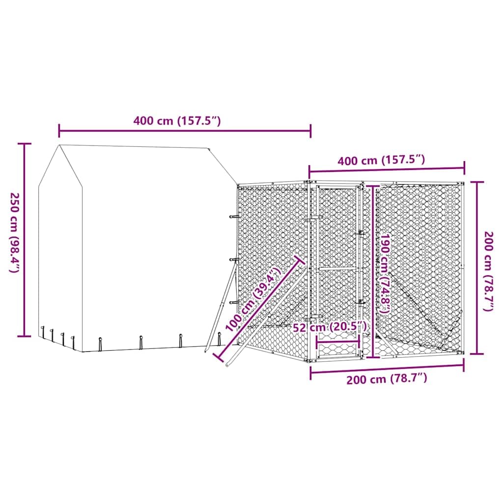 Perrera para perros con techo plateado de acero galvanizado, 4 x 4 x 2,5 m, resistente a la intemperie, con puerta con cierre, adecuado como caño para cachorros, parque libre para jardín y