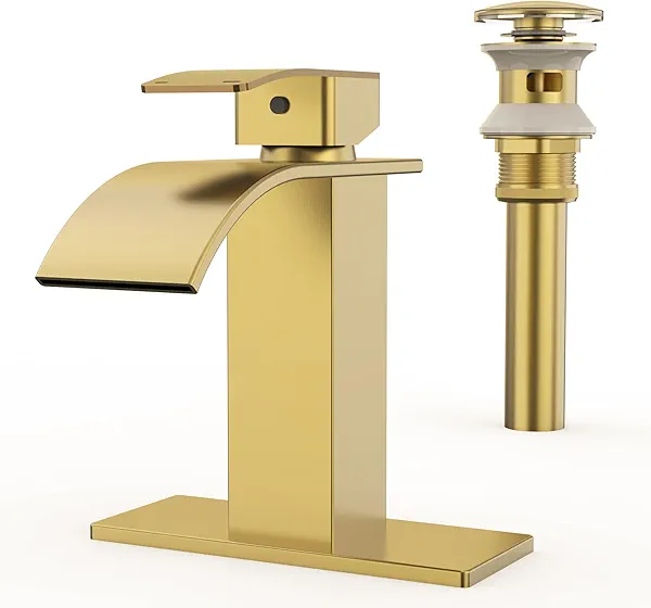 RUACQ Waterfall Bathroom Faucet,Single Handle Bathroom Sink Faucets for 1 or 3 Hole, Stainless Steel Washbasin Mixer Tap with Deck,Pop-up Drain and Supply Hoses (Gold)