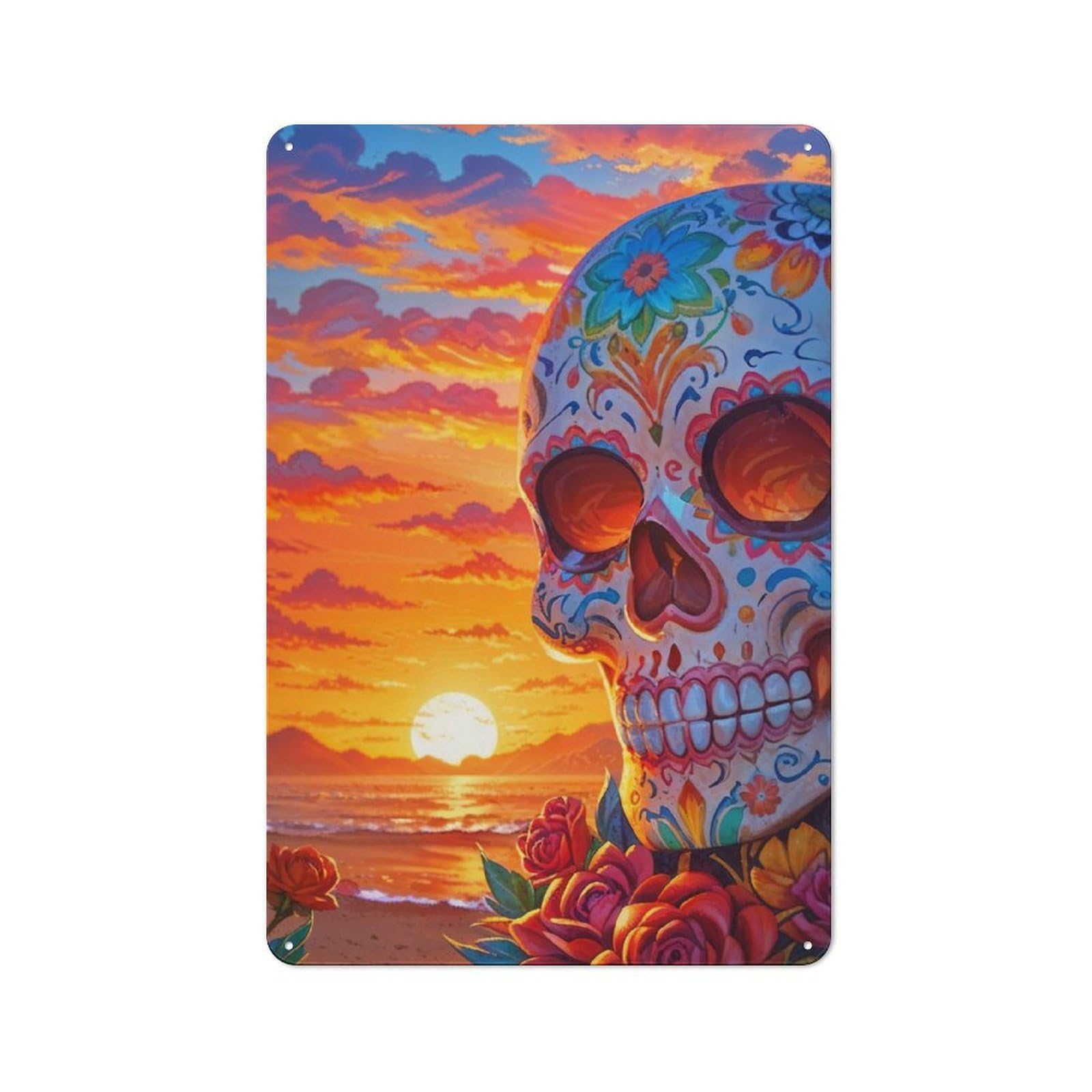 Junmoney Sunset Of The Dead Skull Metal Sign 30X20cm With For Workshop Wall, Rustic Decor, For Garage, Workshop And Man Cave Decoration