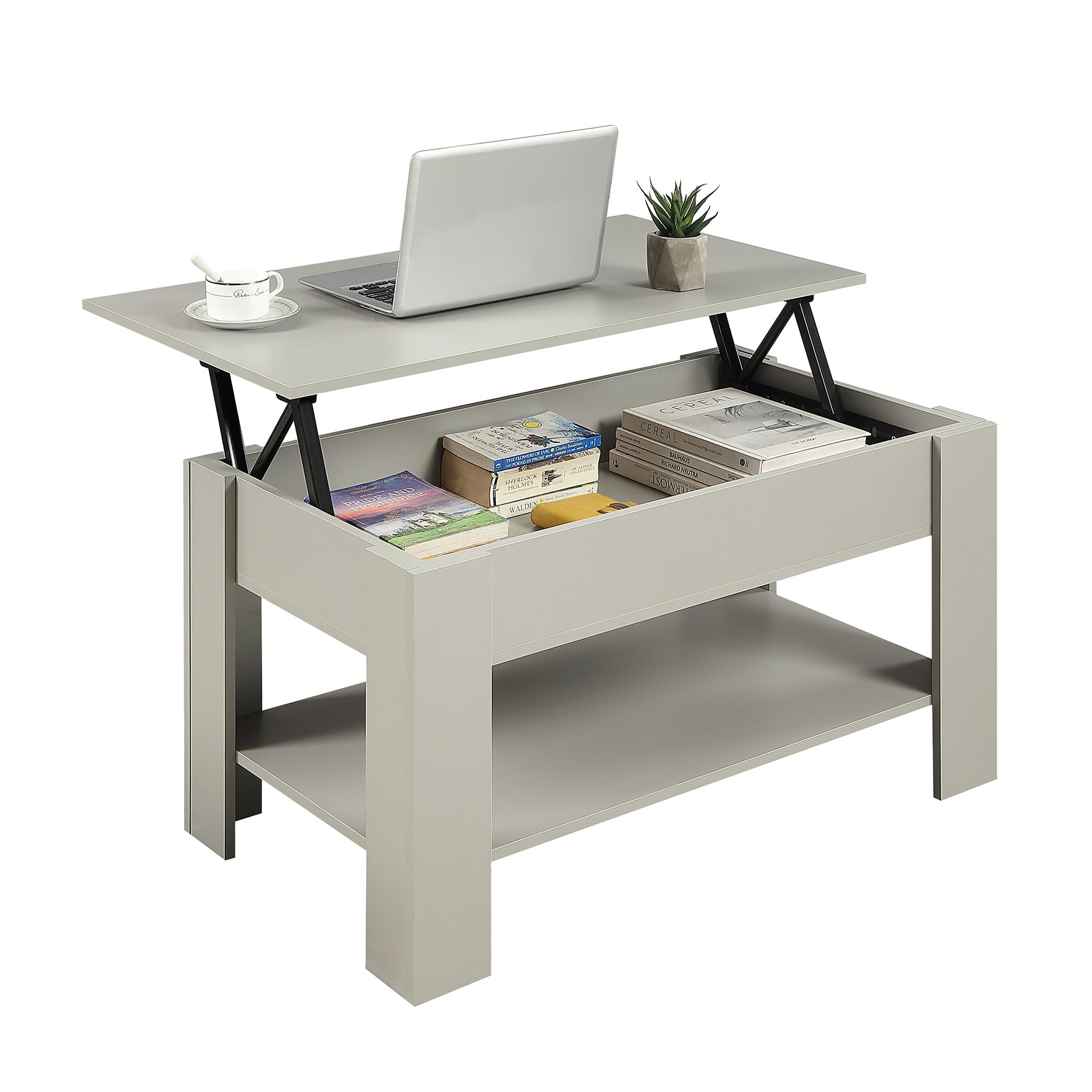 Home Treats Wooden Coffee Table Lifting Space Saving Storage Shelf | Lift Up Coffee Table Top For Living Room Office Entryway (Grey)