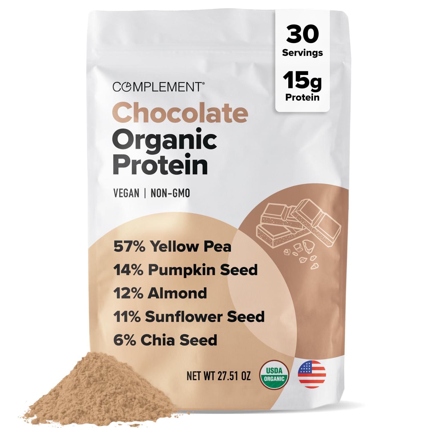Complement Organic Chocolate Vegan Protein Powder (30 Servings) Low Carb, Low Calorie, Sugar Free, Soy Free, Non-GMO, Non Dairy - Yellow Pea, Pumpkin Seed - 15g Plant Based Protein Powder