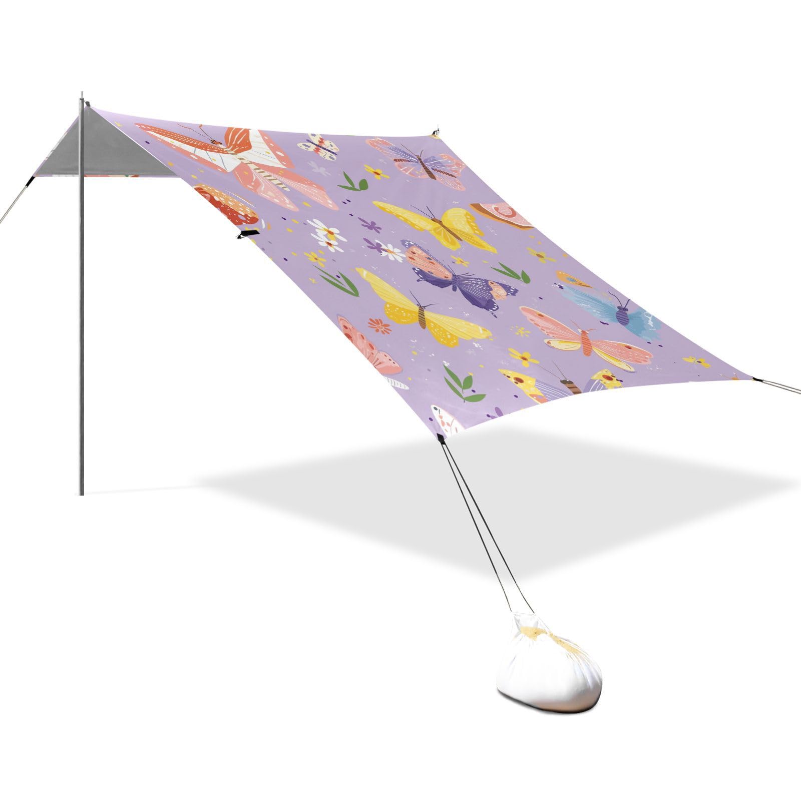 Colorful Butterflies Pattern Foldable Beach Tent UPF50+ Waterproof Portable Sun Shelter with Sandbags & Sand Shovel for Backyard and Camping