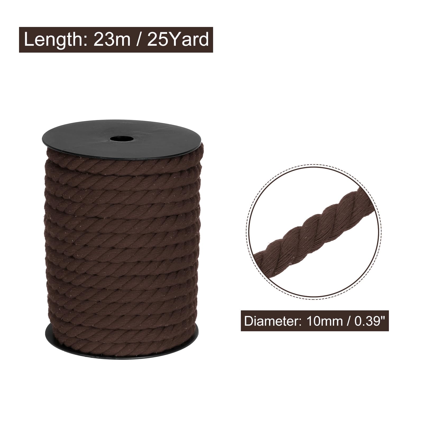 MECCANIXITY Cotton Rope 3 Strand Twisted Braided Rope Cord, Dark Brown 10mm x 75ft Craft Rope Cord Cotton for Wall Hanging, Plant Hanger, Knitting, Macrame Knotting