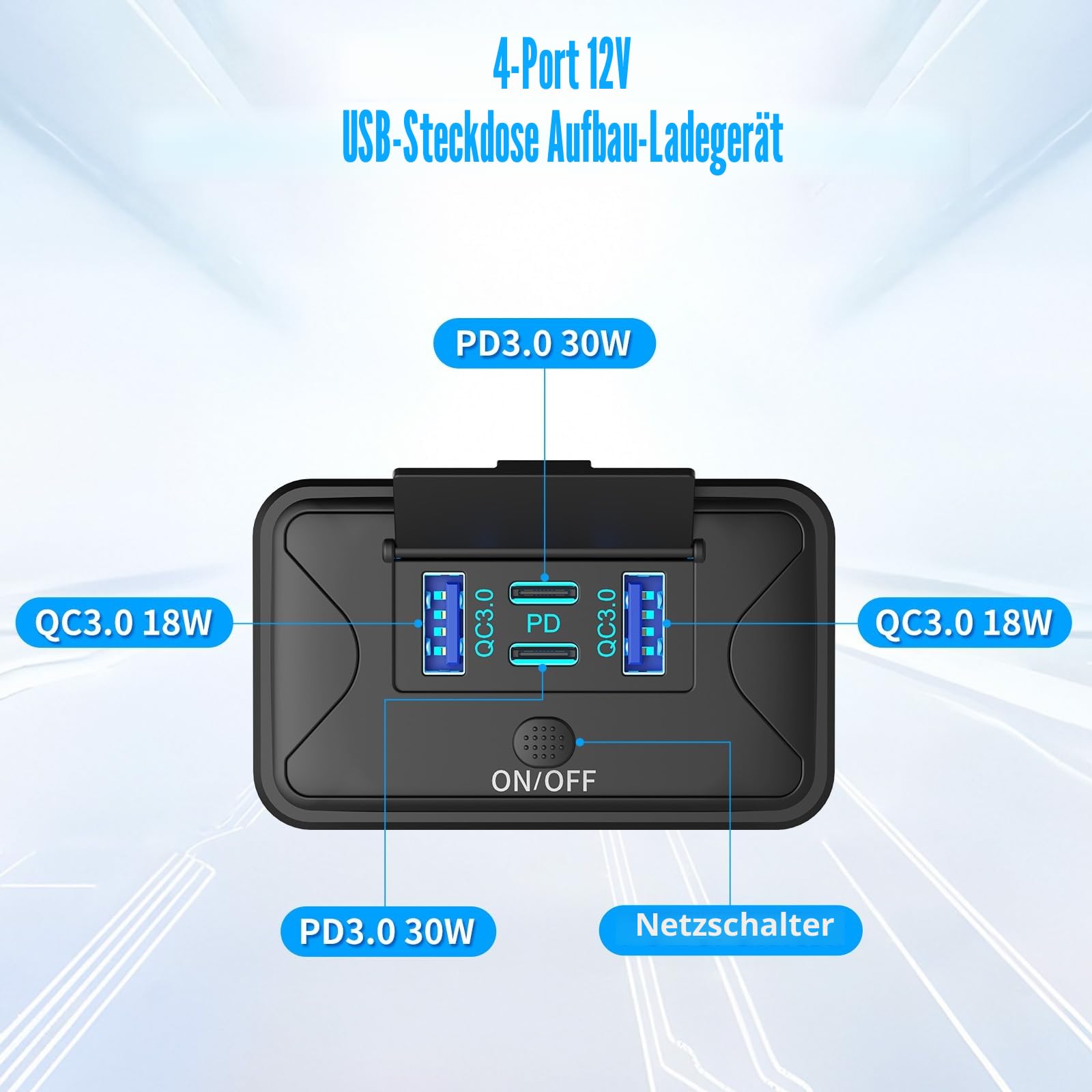78W 4 Port 12V USB Steckdose Wandmontage, Dual 36W PD & Dual 18W QC3.0 Leichtgewichtige Aufputzmontage Ladesteckdosenleiste mit Tastschalter für Bus Wohnmobil LKW Marine Golf Cart