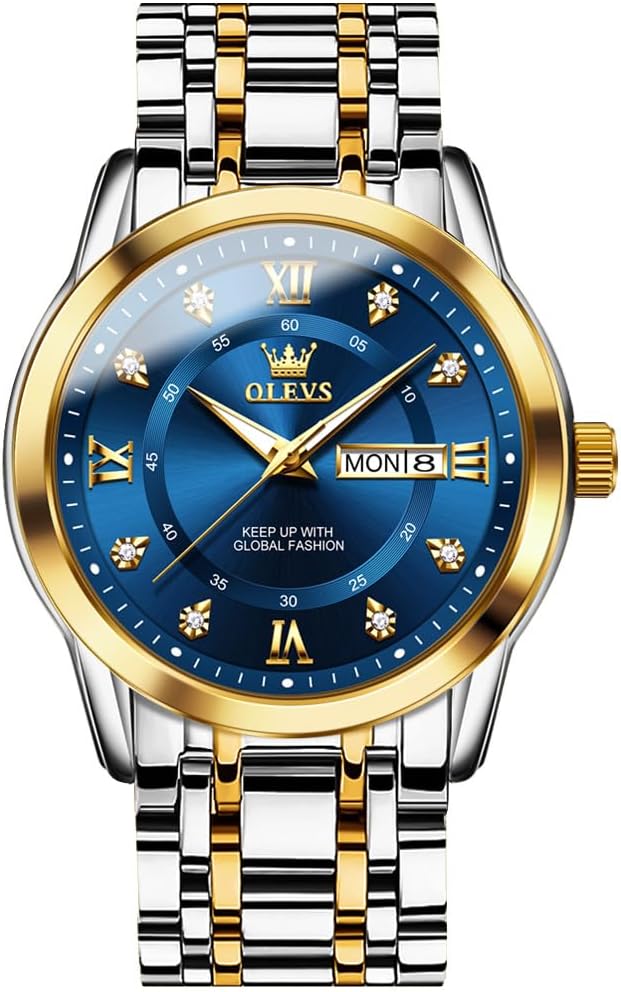 Men's Watch Luxury Business Dress Watch UK Diamond Design Quartz Stainless Steel Waterproof Luminous Week Calendar Gift