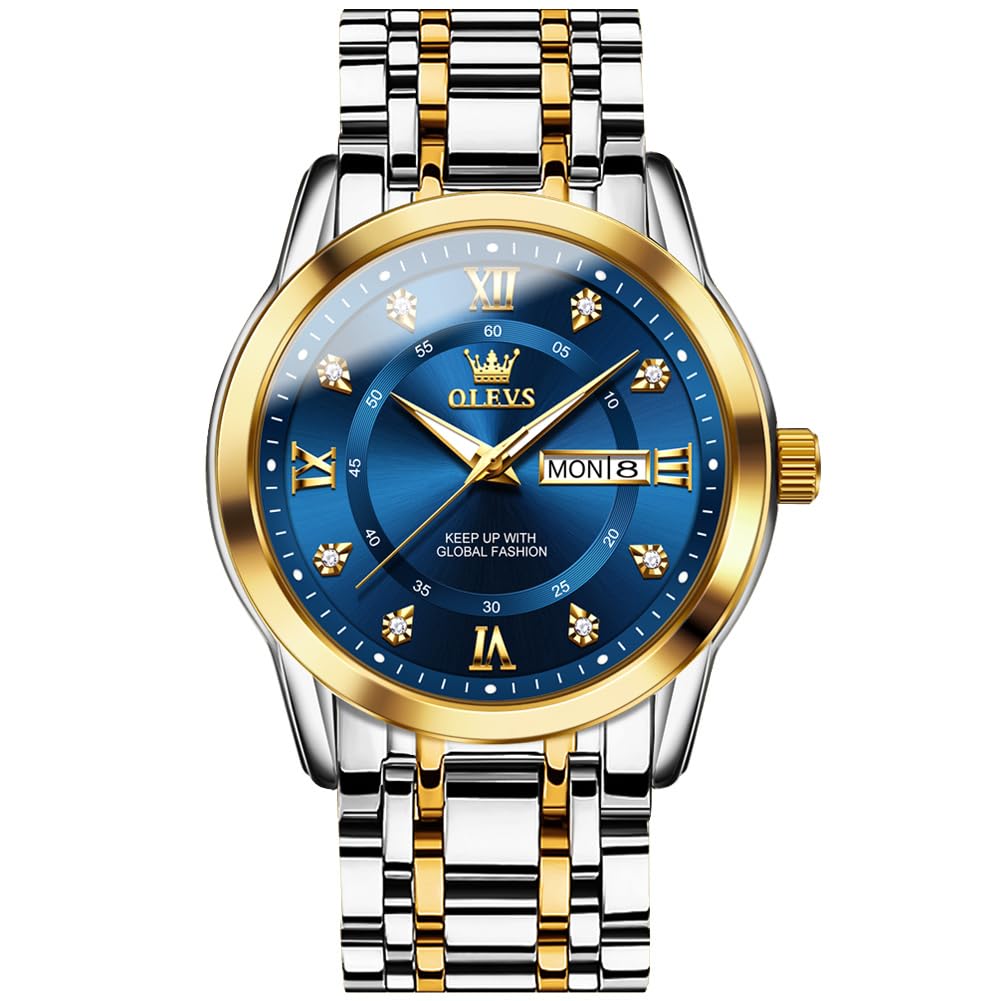 OLEVSMen's Watch Luxury Business Dress Watch UK Diamond Design Quartz Stainless Steel Waterproof Luminous Week Calendar Gift