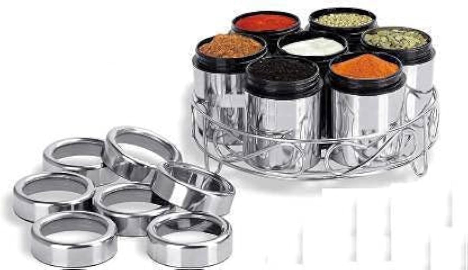 DARAZ Masala Box For Kitchen | Spice Box For Kitchen | Masala Dabba For Home & Resturants | 7 In 1 Spice Set Steel | Storage 7 Container In 1 Stand Per 200ml