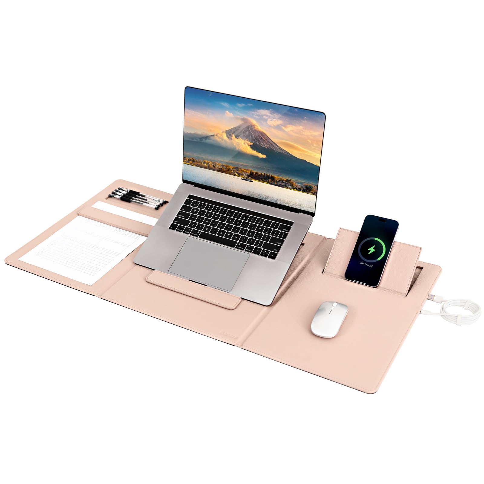 Banero 4-in-1 Laptop Stand for Desk Built-in Wireless Charging Pad, 15W, Qi-Certified, PU Leather Wireless Charging Mouse Pad, Laptop Holder on Top of