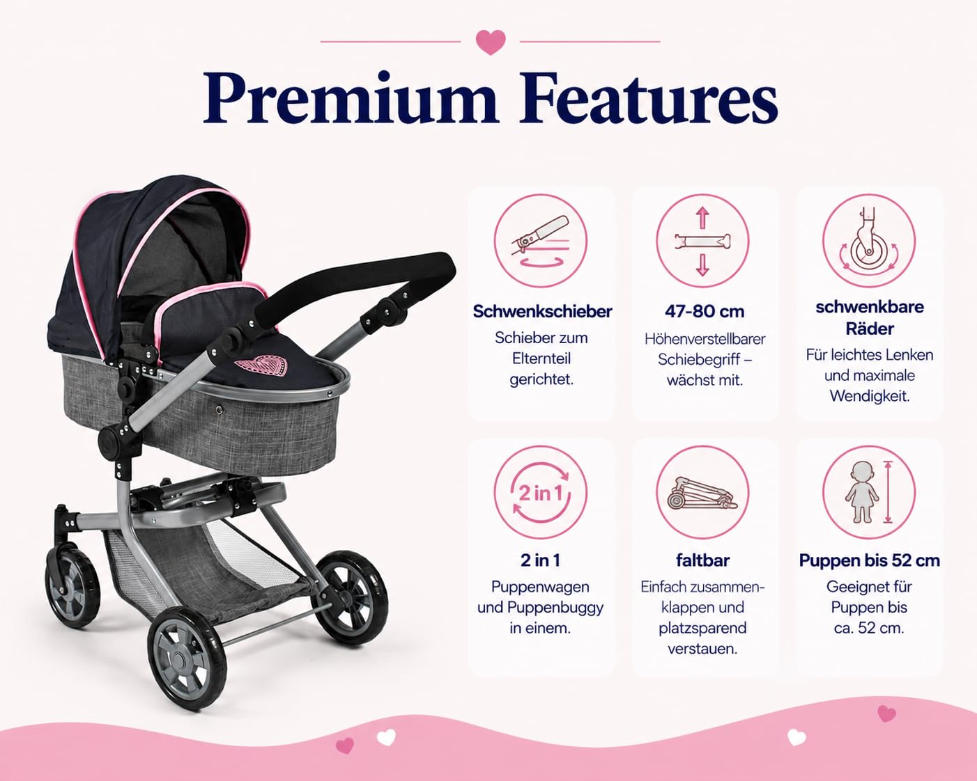 Bayer Chic 2000 Poussette poupée Mika 2 en 1 Pliable et réglable | Poussette poupée 2 en 1 pliable avec poignée réglable (47-80 cm), pour poupées jusqu'à 52 cm.