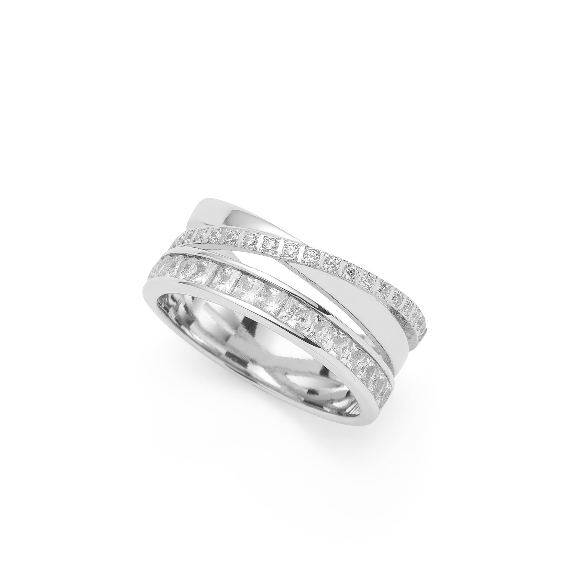 JEWELS BY LEONARDO Ring Sarah • Puzzel-Ring aus silberfarbenem Edelstahl • querende Stränge besetzt mit quadratischen Zirkonia-Steinchen • Gr. 18 (56) • Schmuck Geschenk für Frauen • 025428