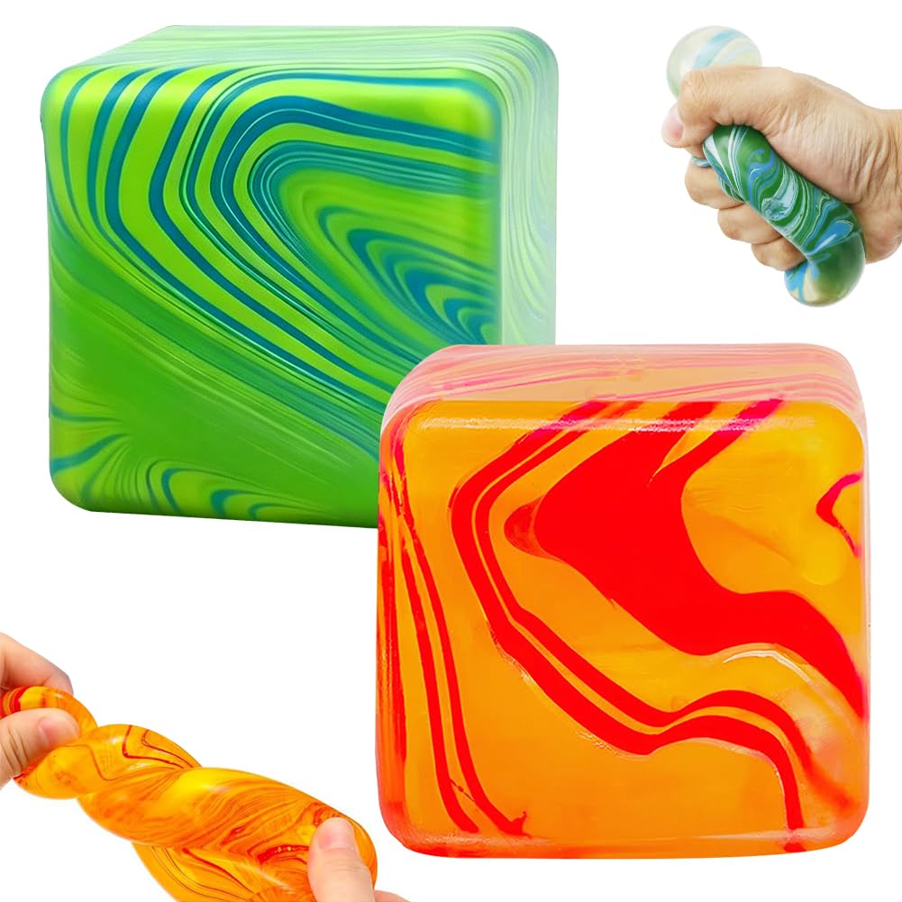 HATFRYF Fidget Toys, Squishy Stress Cube, Sensory Fidget Toys for Anxiety Relief, Quiet Doh Cube for Focus, Fun Party Favors & Classroom Prizes - 2pcs