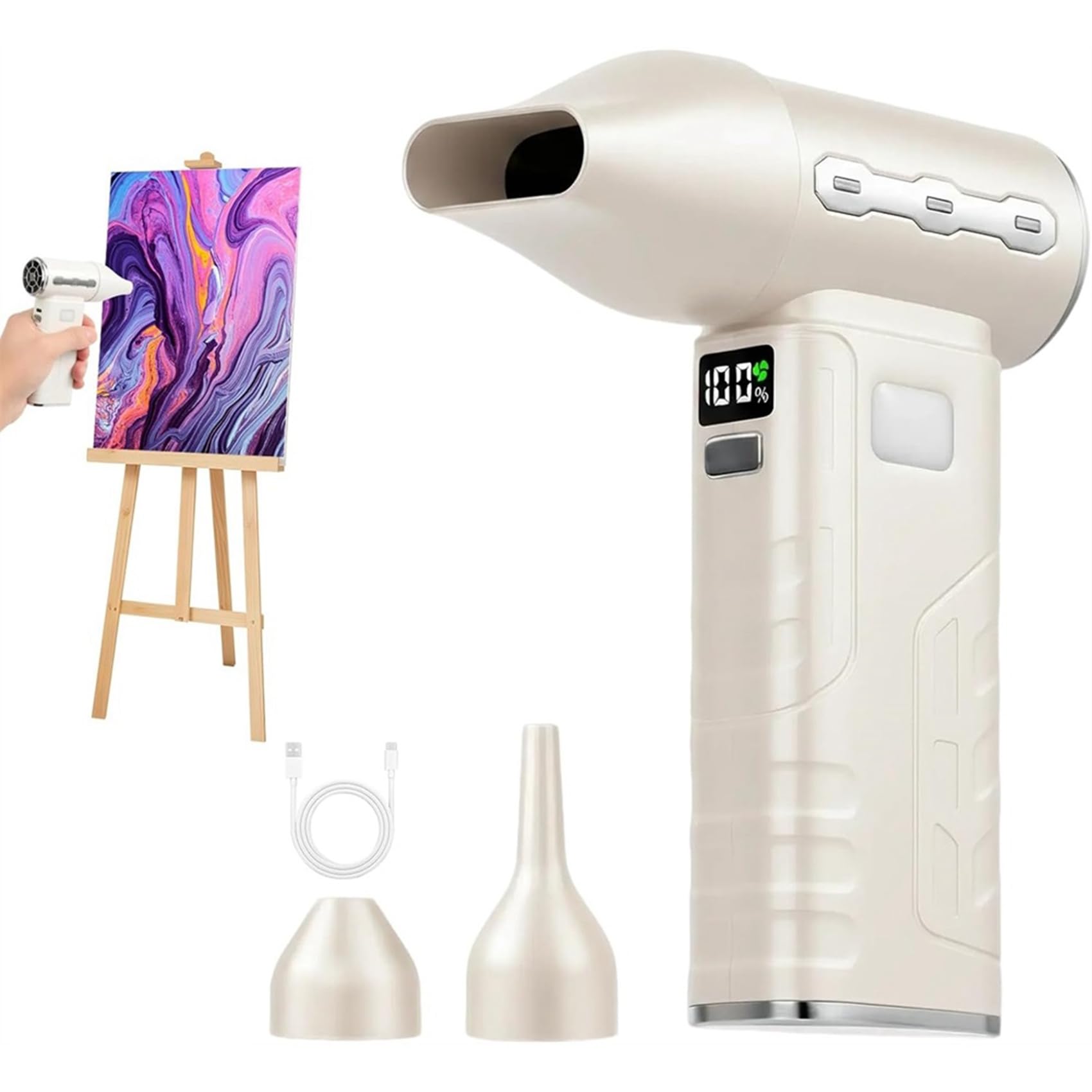 Udsknv[Ksl As Shown Cordless Paint Dryer With 3 Nozzles, 5 Speed Adjustment Mini Blower For Acrylic Paint Pouring For Fluid Art