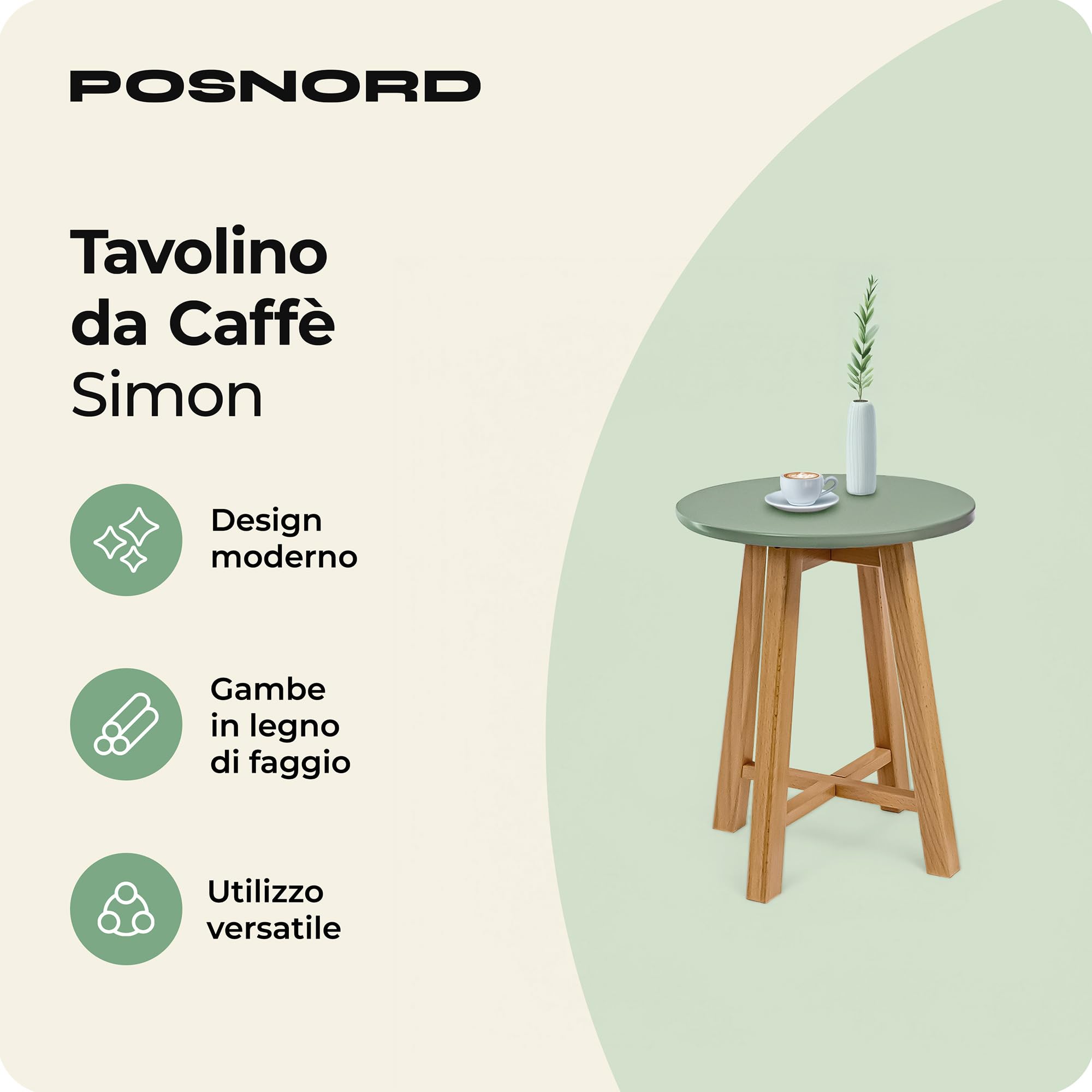 Tavolino da Salotto Rotondo Ø 35 cm, Tavolino da Caffè Moderno con Gambe in Legno di Faggio, Tavolo Basso Salvaspazio per Soggiorno, Camera e Ufficio, Coffee Table Verde Oliva