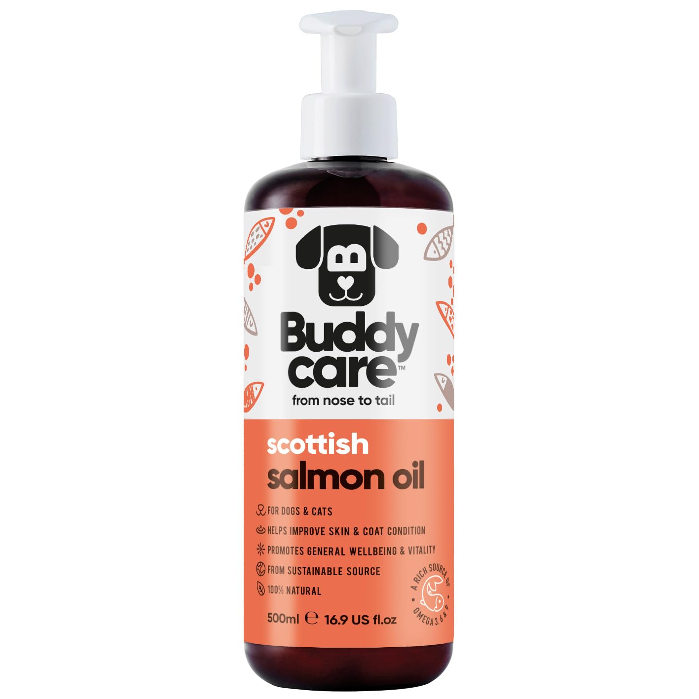 Buddycare Scottish Salmon Oil For Dogs UK & Cats, Dog Supplement Support for Skin And Coat, Itchy Skin, Omega 3 Fish Oil (500ml)
