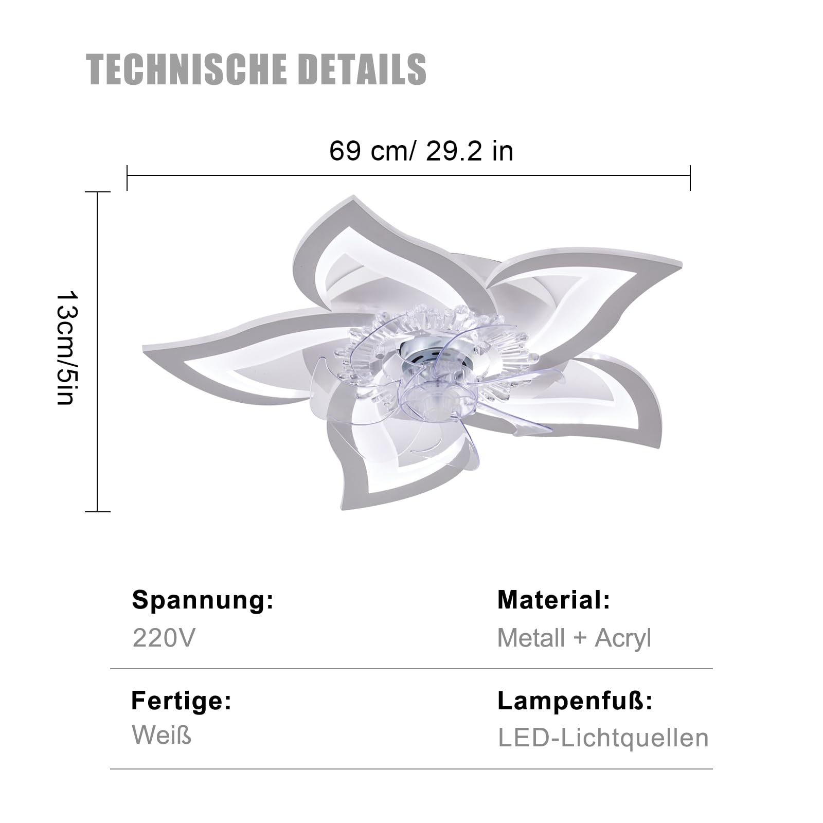 Ventilador de techo con Luz LED Regulable, Silencioso Ventilador de techo con Luz con Mando a Distancia y APP, para Dormitorio Salón (Blanco,69cm)