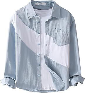 Camisa de verano de algodón, corte regular, camisa de manga larga, chaqueta de camisa con color patchwork, bolsillos en el pecho, camisas de hombre, camisa informal, blusa de manga larga,