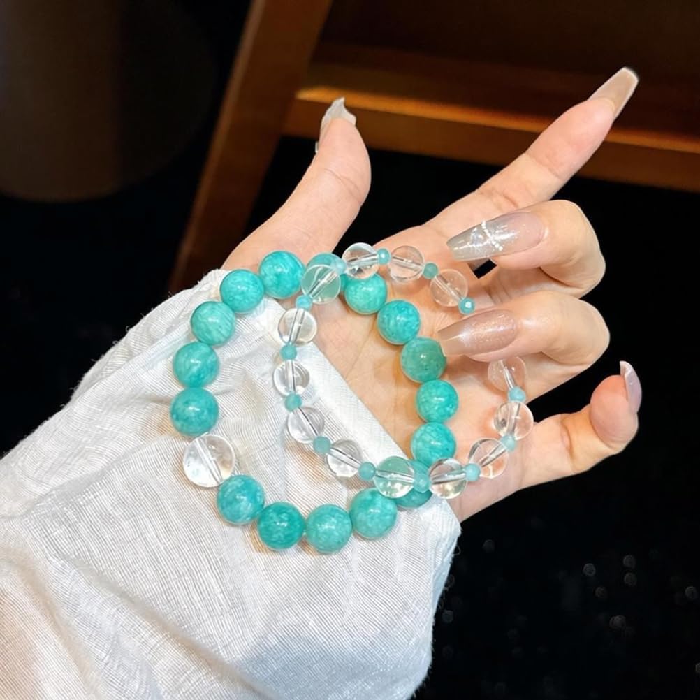 Pulsera de 2 Piezas con Cuentas Redondas de Cristal curativo, amazonita y Cuarzo Transparente, joyería elástica con Piedras Preciosas para Mujer