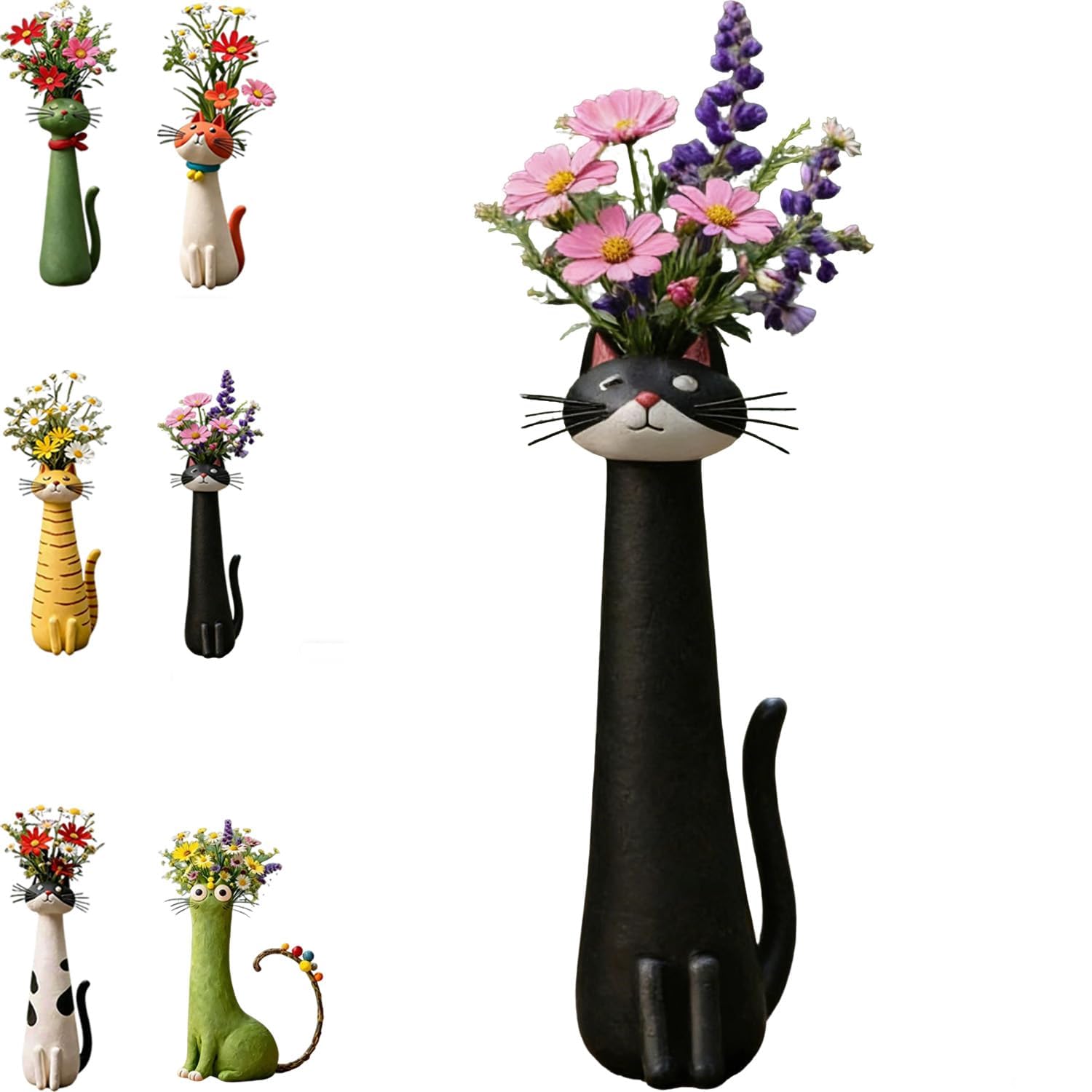 Vase en forme de chat fait main noir de 19 cm pour etagere salon et bureau