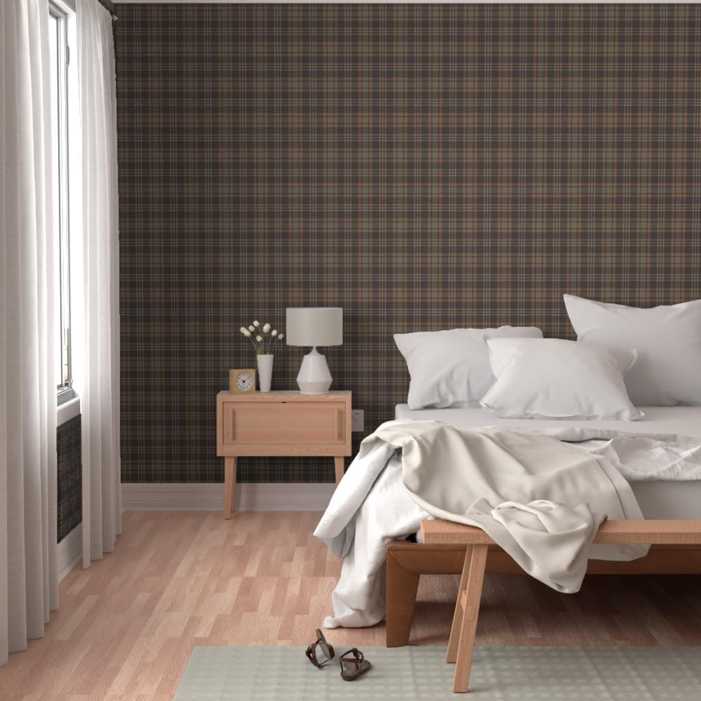 Peel & Stick Wallpaper 3ft x 2ft - Brown Plaid Rustic Check Dark Academia Autumn Fall Tartan Traditional Classic Custom Removable Wallpaper by Spoonflower