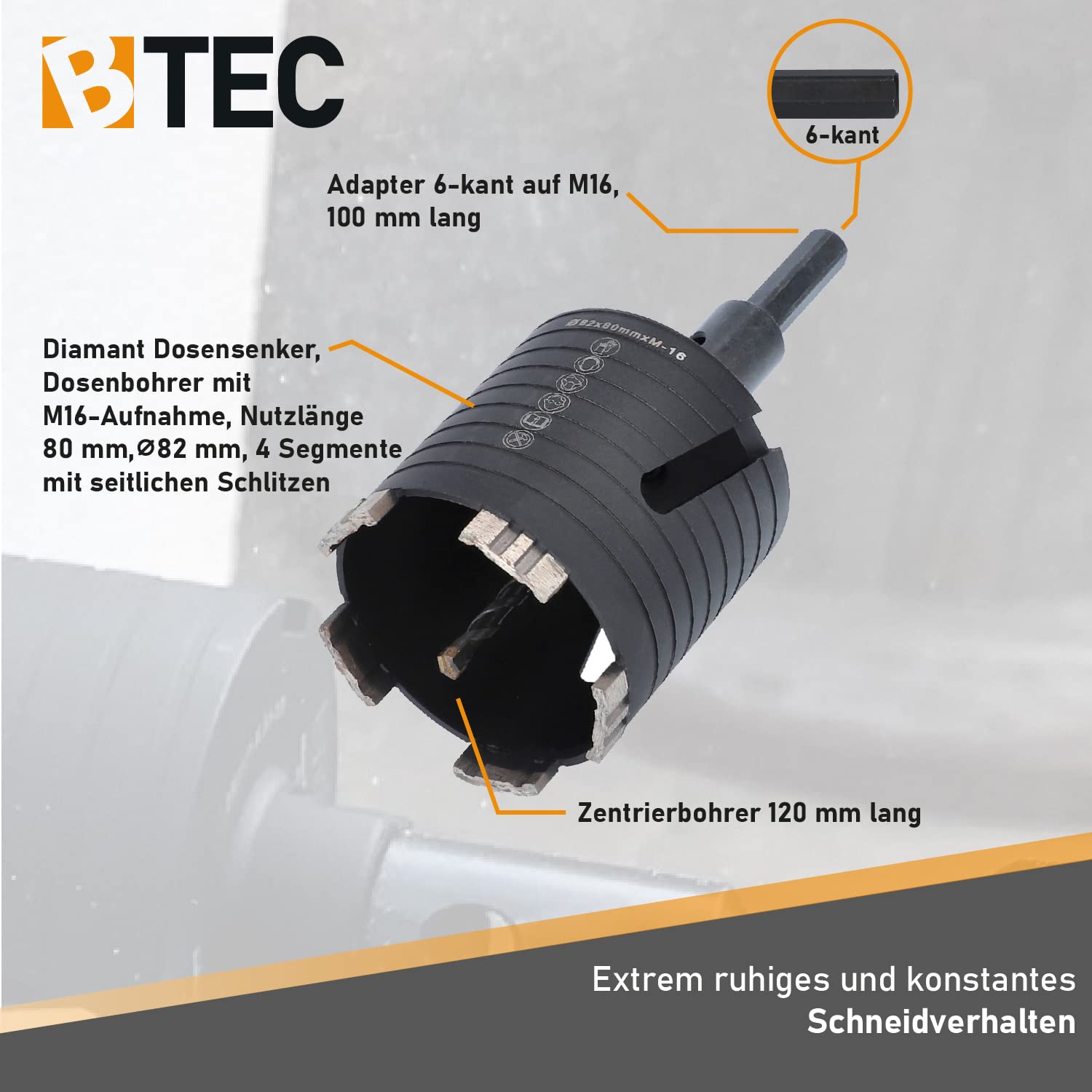 BTEC – Diamant Dosensenker 82 mm mit M16-Aufnahme + 80 mm Nutzlänge – Dosenbohrer für Mauerwerk, Kalksandstein, Ziegel, Poroton, Putz uvm. – Diamant Bohrkrone inkl. Zentrierbohrer + Sechskant Adapter