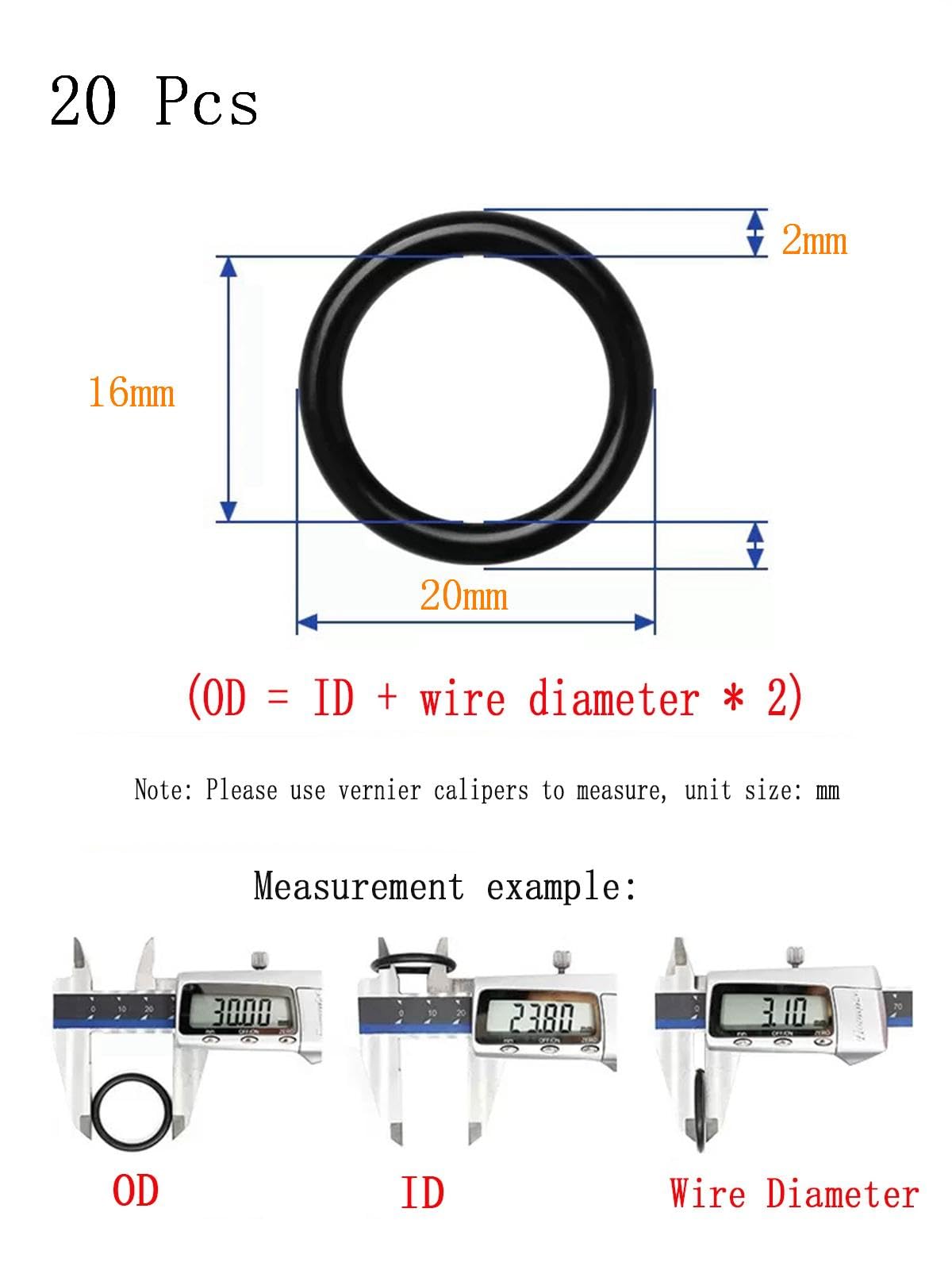 Sello de junta tórica de EPDM 20mm x 16mm x 2mm, 20mm OD, 16mm ID, 2mm Ancho, Junta de sellado métrica para plomería de máquinas automotrices, Paquete de 20