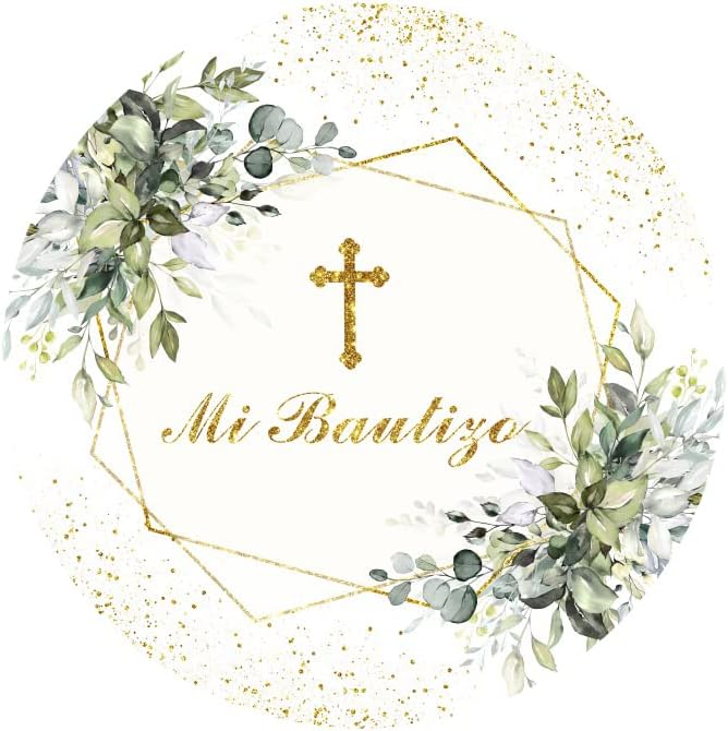 Miniatura 3 de Laeacco Mi Bautizo - Telón de fondo redondo de 6.5 x 6.5 pies para la primera comunión para fiesta de la primera comunión, fondo de círculo, hojas