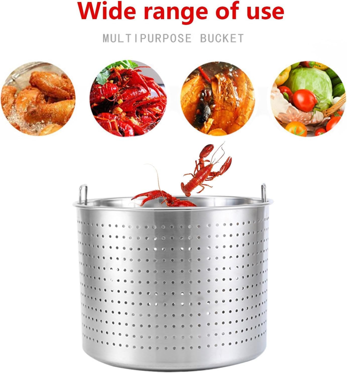 Stainless Steel Cooking Basket Seafood Bucket Strainer Basket Multi Futiol Frying Basket with Hdle for Seafood Pot, 33cm*26cm