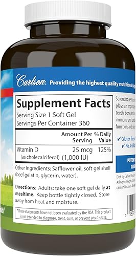 Miniatura 2 de Carlson - Vitamina D3, 1000 UI (25 mcg), salud ósea, salud muscular, colecalciferol, suplementos de vitamina D, geles blandos de vitamina D3, 360