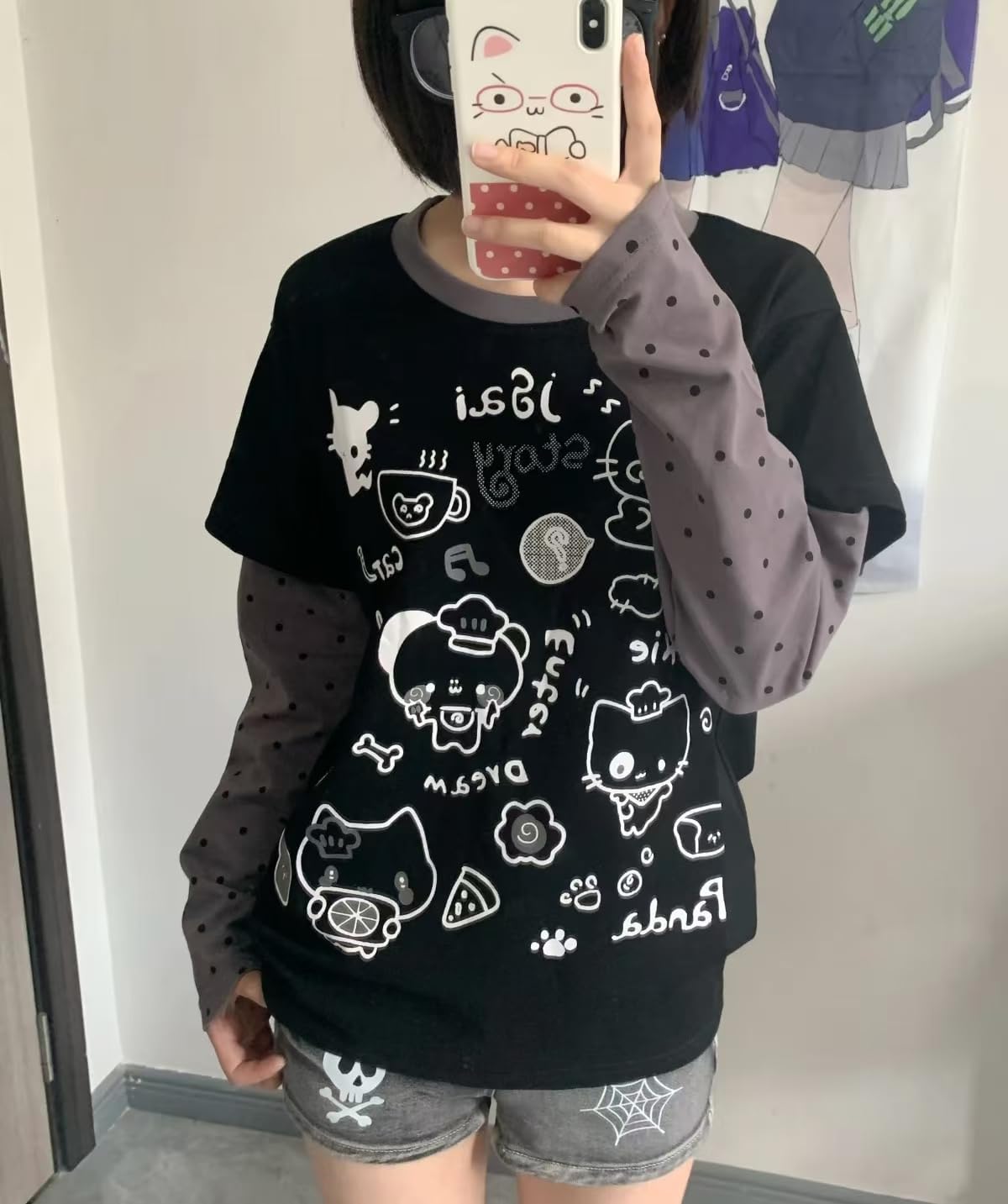 Womens Y2k Cute Graphic Sweatshirts Harajuku Kawaii Striped Sweatshirt Patchwork Cartoon Casual T-Shirts - Image 5